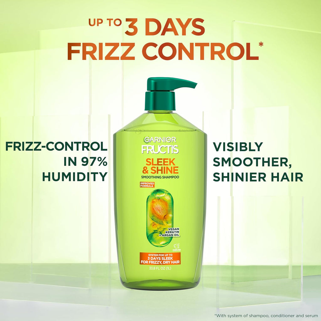 Garnier Fructis Sleek & Shine Shampoo, Smoothing Shampoo For Frizzy, Dry Hair With Argan Oil And Vegan Keratin, 33.8 Fl Oz (Packaging May Vary)