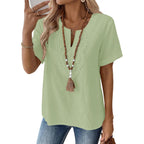 LOMON Womens Short Sleeve Tops Cotton Linen Shirts Loose Casual V Neck Lace Blouses Summer Vacation Clothes