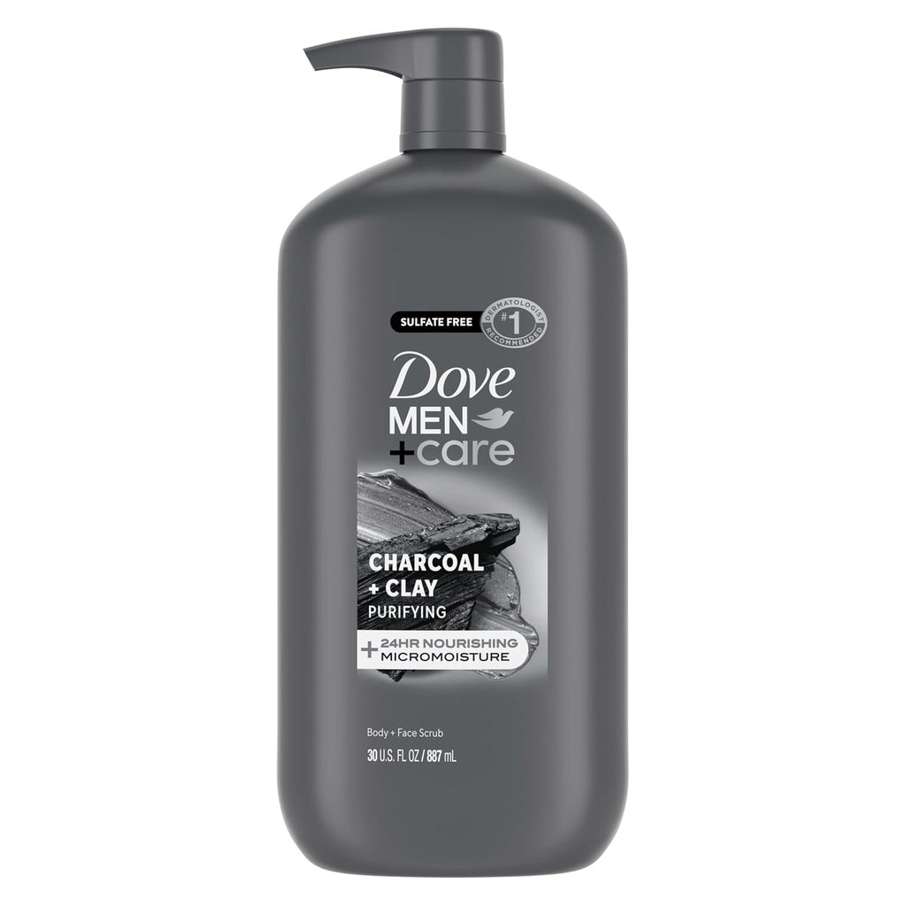 Dove Men + Care Body And Face Scrub Charcoal + Clay Body Wash For Men With 24-Hour Nourishing Micromoisture Technology 30 Oz