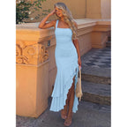 Boriflors Women'S Elegant Bodycon Ruched Maxi Cocktail Dress Mesh Sleeveless Mermaid Ruffle Beach Wedding Guest Long Dresses