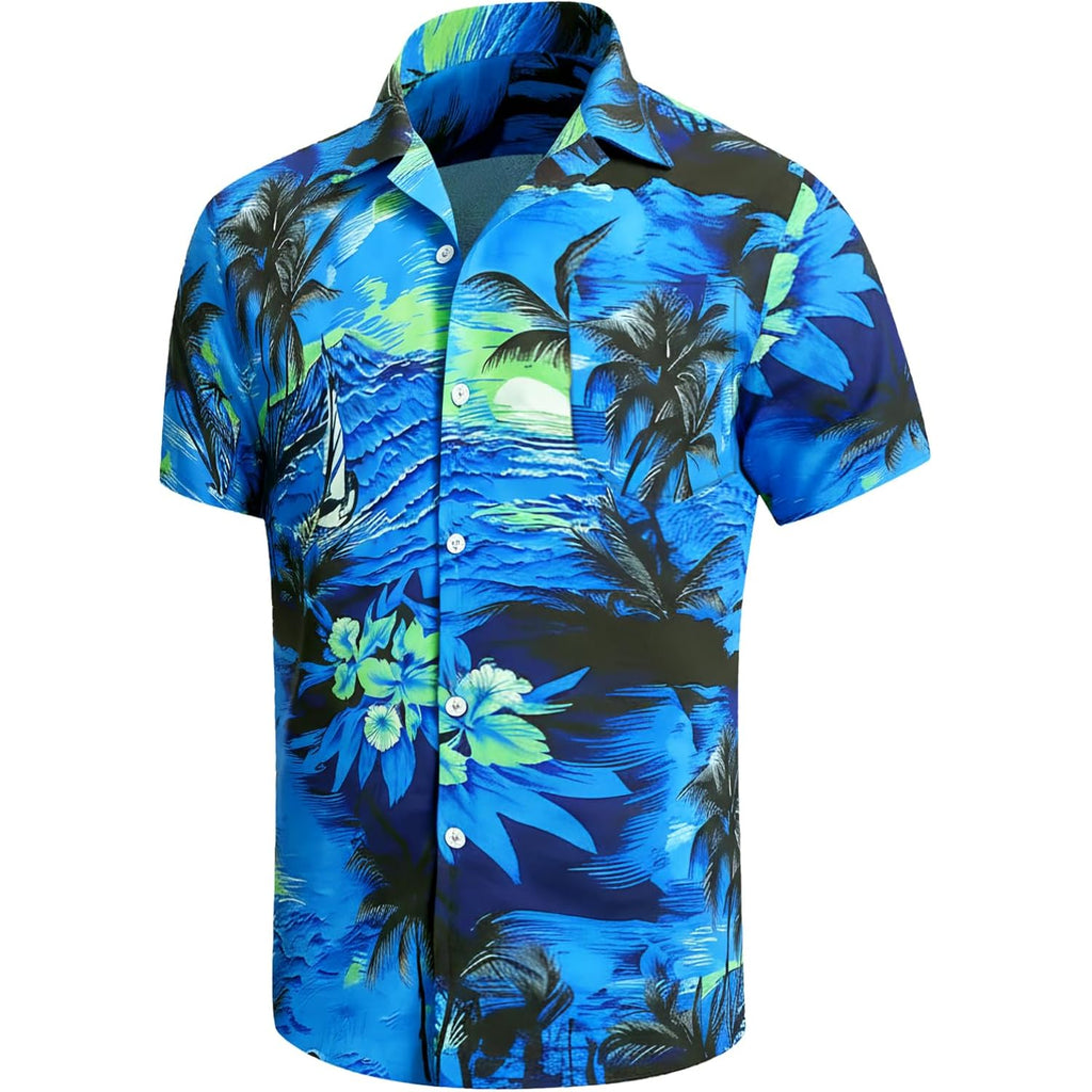 Men'S Hawaiian Shirt Funky Blue Beach Printed Tropical Beach Shirt Casual Button Down Short Sleeve Floral Shirts Tops