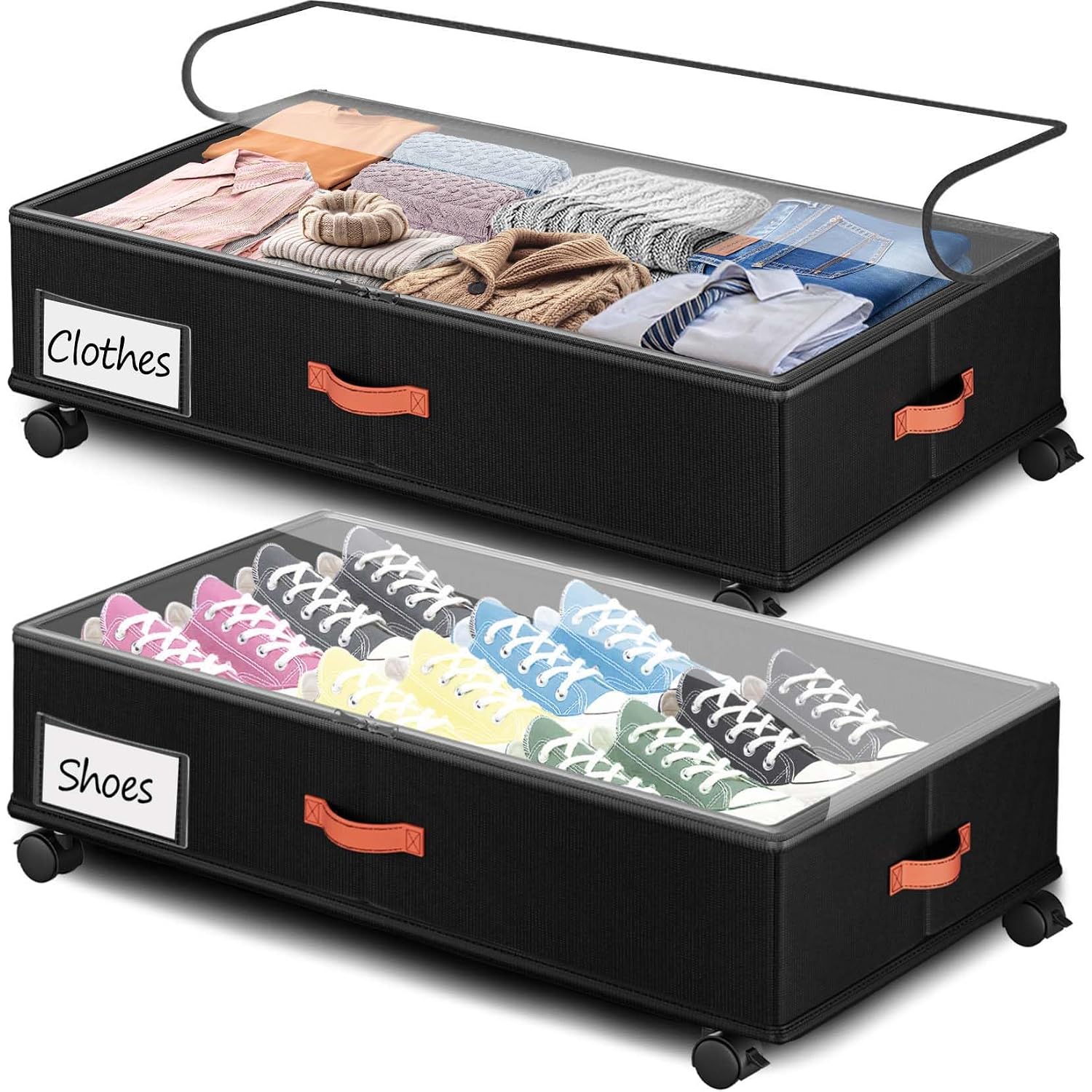 Under Bed Storage With Wheels 2-Pack, Under Bed Storage Containers 66L Clear Lids, Rolling Storage Drawers For Clothes Shoes Blankets, Underbed Organizer Bins(30" L X 16.2" W X 7.5" H)