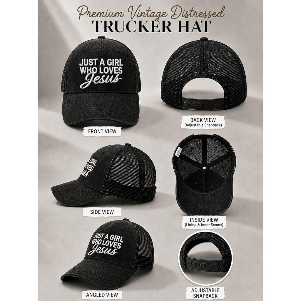 Christian Hat for Men Women - Premium Embroidered Faith Baseball Cap - Religious Jesus Gifts, Mesh Back Trucker Hats Just a Girl Who Loves Jesus-black