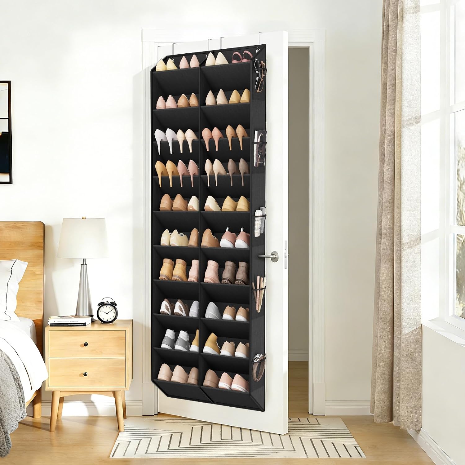 Over The Door Shoe Organizer, Hanging Shoe Rack For Closet Door Shoe Storage For 30 Pairs Sneaker And Boots, Large Shoe Holder For Door With 10 Side Pockets, Space Saving, Black