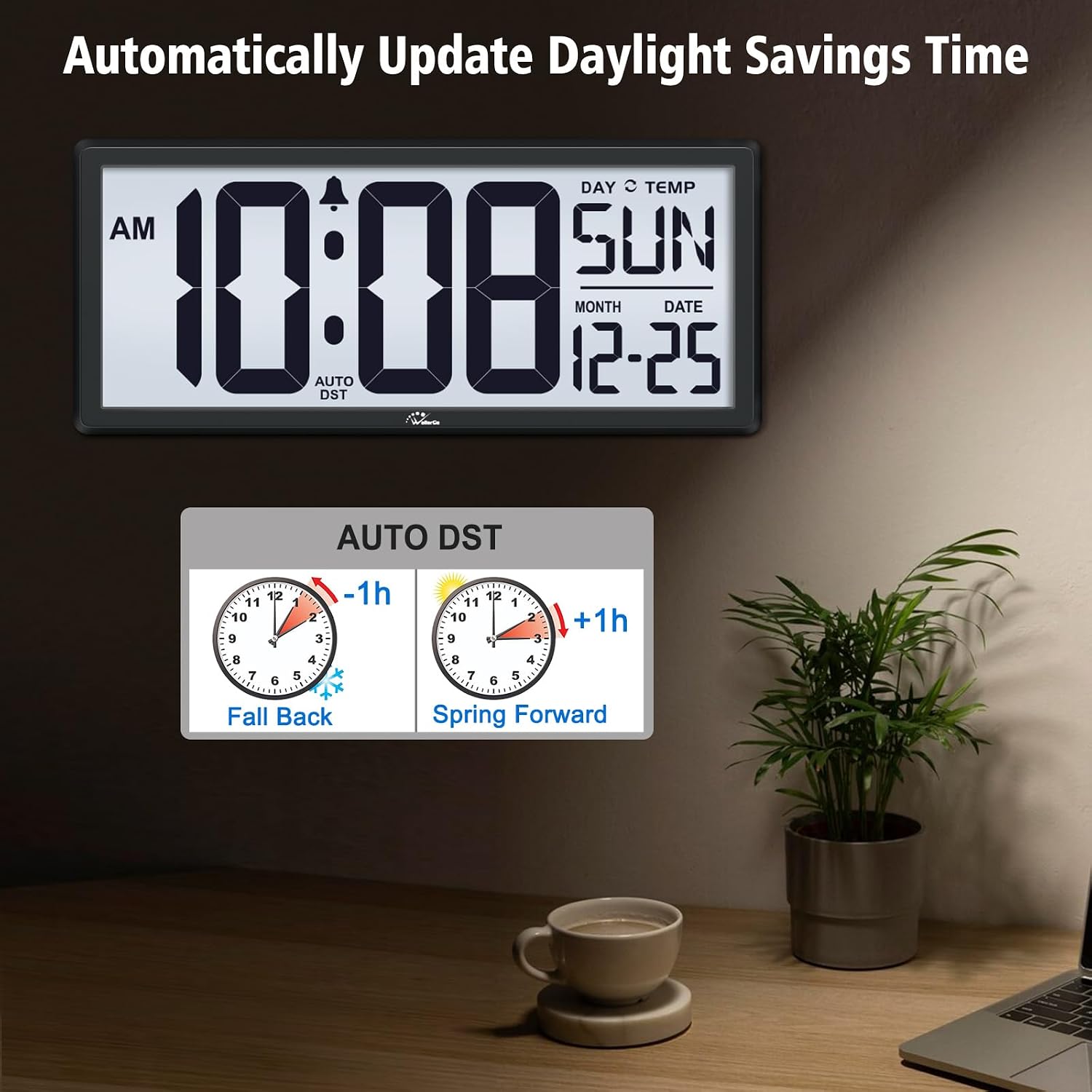 Backlight Digital Wall Clock Battery Operated - With Temperature And Date 14.5'' Large Digital Wall Clock, Easy To Read And Set, Auto Dst