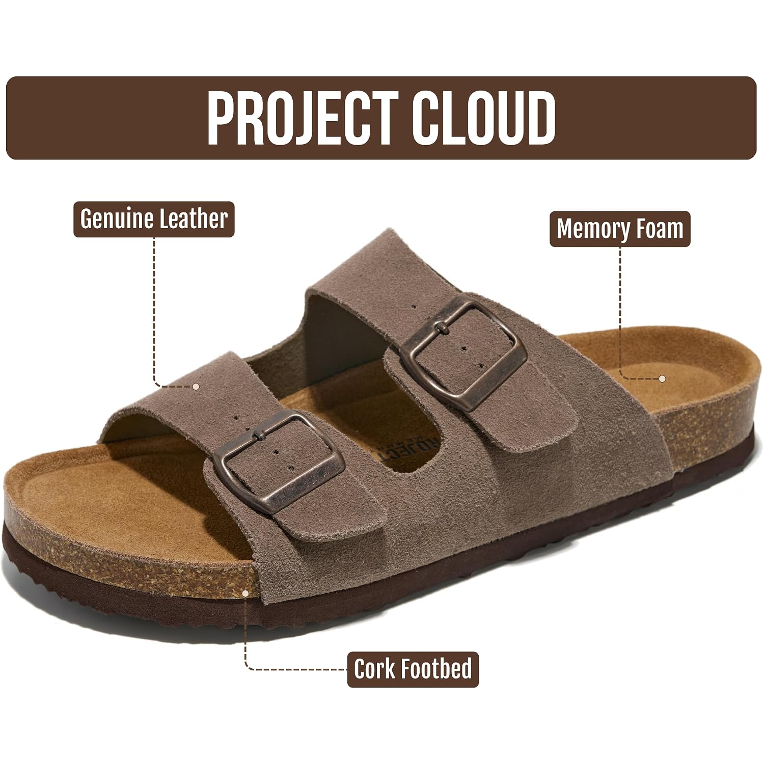 Project Cloud Mens Sandals 100% Genuine Leather - Memory Foam Insole & Cork Footbed Slides For Men Footwear - Non-Slip Summer Sandals For Men & Lightweight Mens Slides (Heritage)