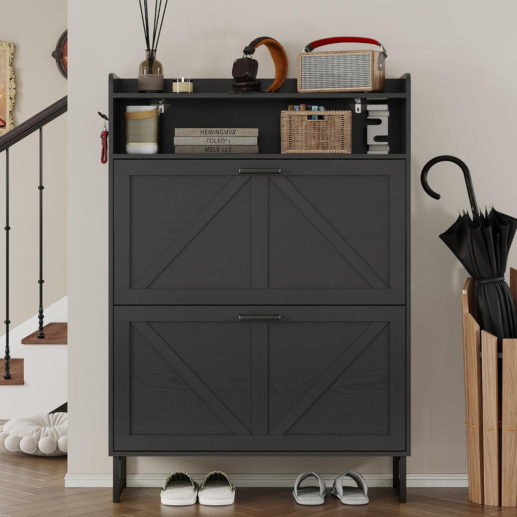 Bornoon Shoe Cabinet With 2 Flip Drawers Narrow Shoe Storage Cabinet Organizer Wooden Freestanding Rack Hidden Slim Storage For Entryway, Hallway, Living Room, Bedroom