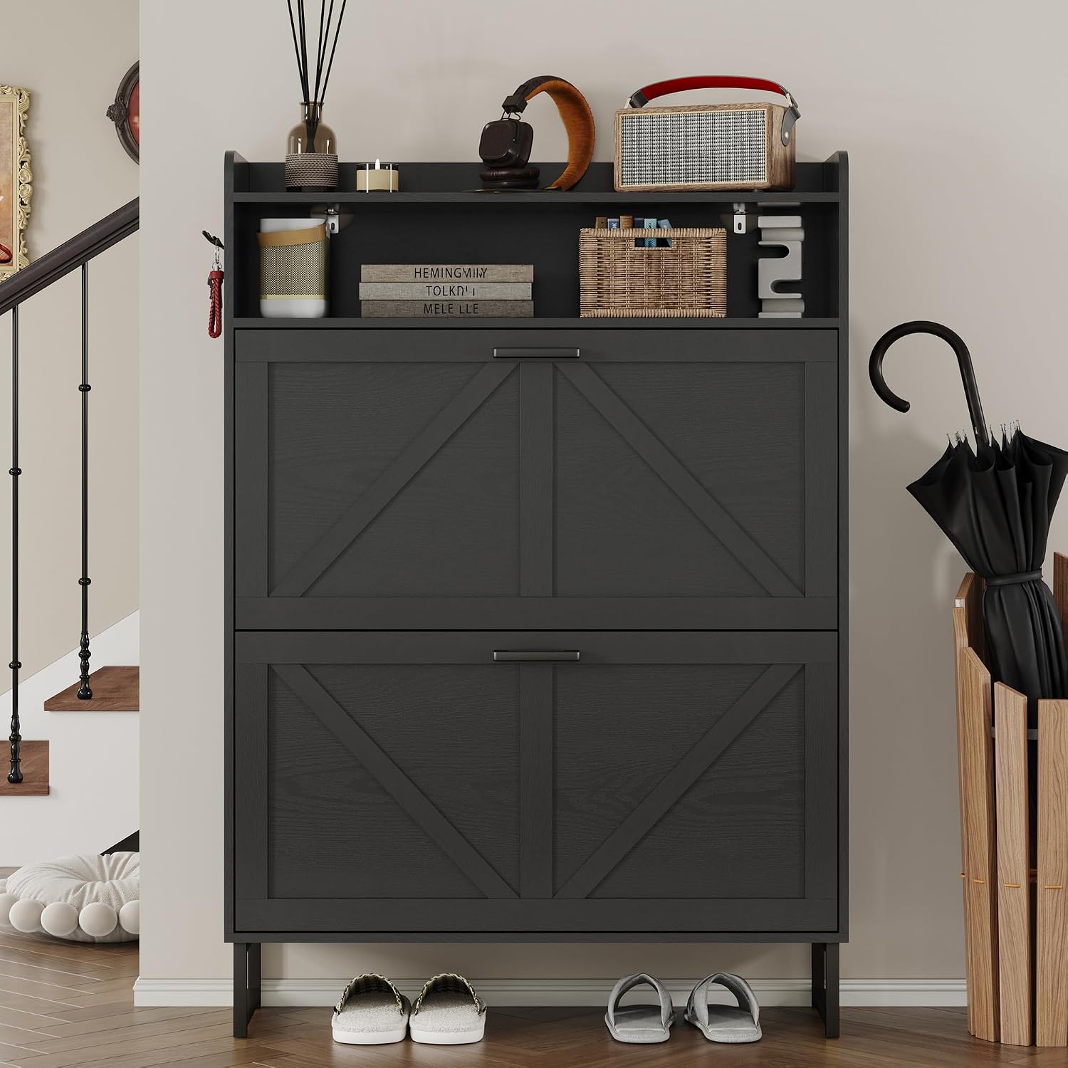 Bornoon Shoe Cabinet With 2 Flip Drawers Narrow Shoe Storage Cabinet Organizer Wooden Freestanding Rack Hidden Slim Storage For Entryway, Hallway, Living Room, Bedroom