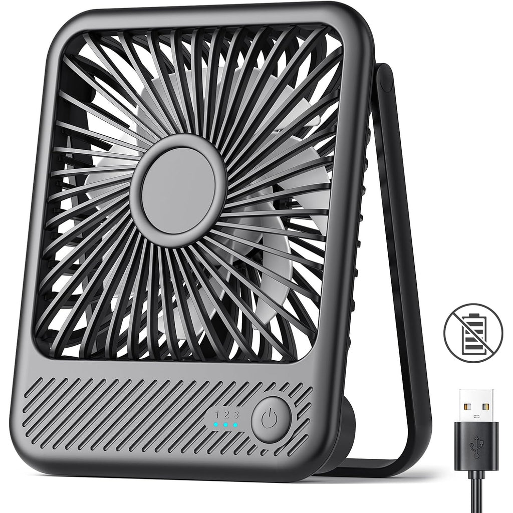 Koonie Usb Desk Fan, Strong Wind Ultra Quiet Small Mini Fan | 180° Tilt Folding & 3 Speeds Adjustable, Usb-C Corded Powered Personal Fan For Office Desktop Bedroom, Black, No Battery