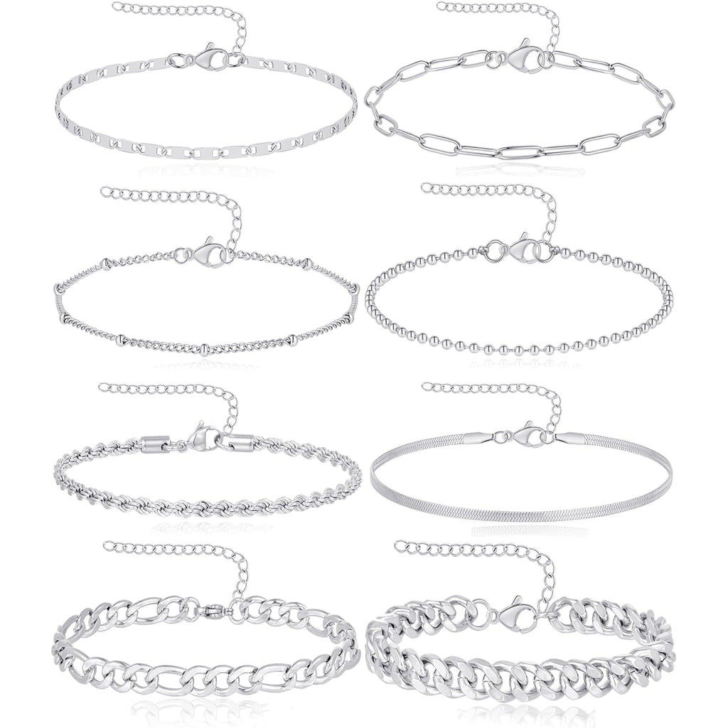 Tornito 8Pcs Ankle Bracelets for Women Stainless Steel Waterproof Layered Cuban Figaro Link Chain Rope Paperclip Herringbone Satellite Bead Anklets Set Summer Beach Jewelry Gold Silver Tone 8.5 Inch