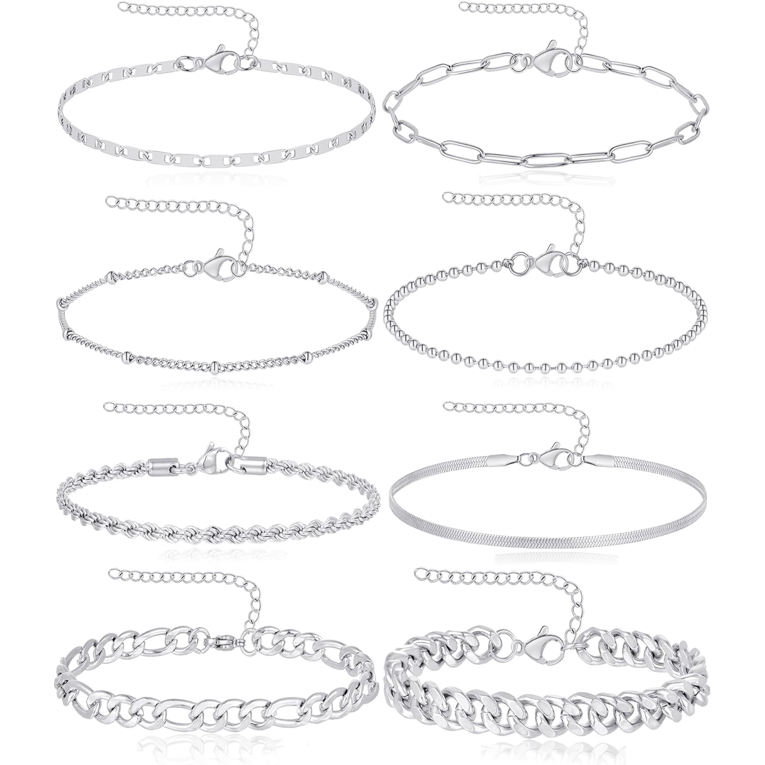 Tornito 8Pcs Ankle Bracelets for Women Stainless Steel Waterproof Layered Cuban Figaro Link Chain Rope Paperclip Herringbone Satellite Bead Anklets Set Summer Beach Jewelry Gold Silver Tone 8.5 Inch