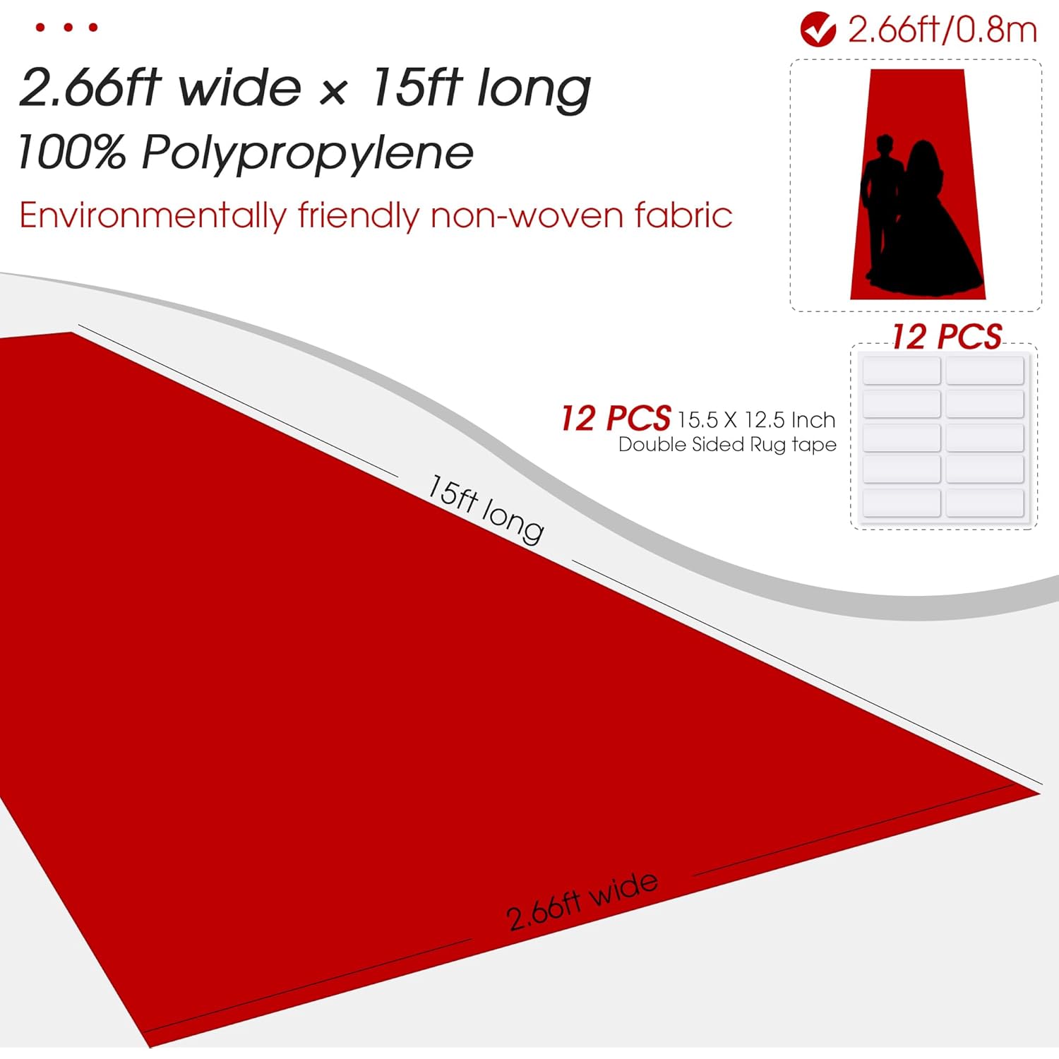 Red Carpet Runner for Party,140GSM 2.62FTx15FT Carpet Party Decorations Runway Rug for Prom Felt Non-Woven Fabric, Runner Rug for Wedding Ceremony Hollywood Theme Party