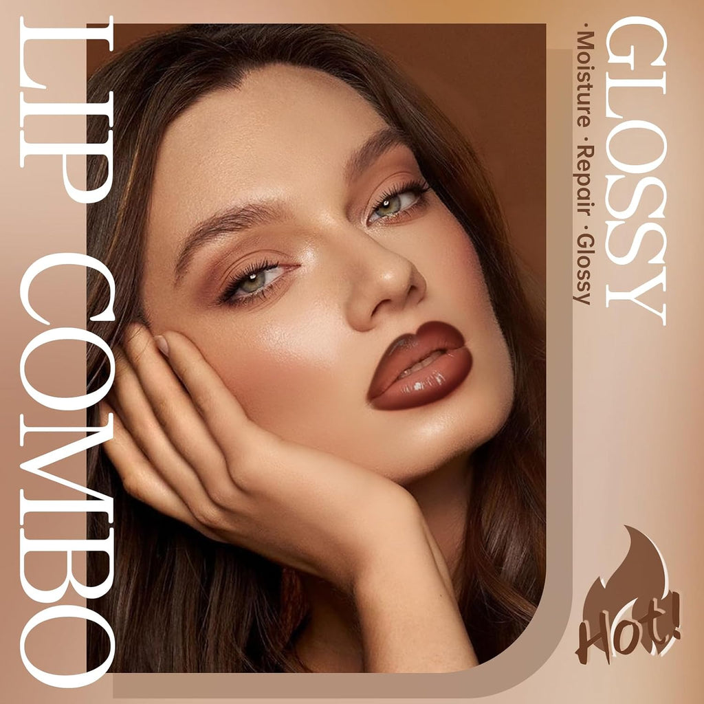 Hosaily Nourishing Lip Gloss With Brown Lip Liner Lip Combo Set, Moisturizing High Shine Nude Lip Glow Oil Fresh Lightweight Glossy Plumping Lip Gloss For Women Long Wear Mini Liquid Lipstick Makeup#8