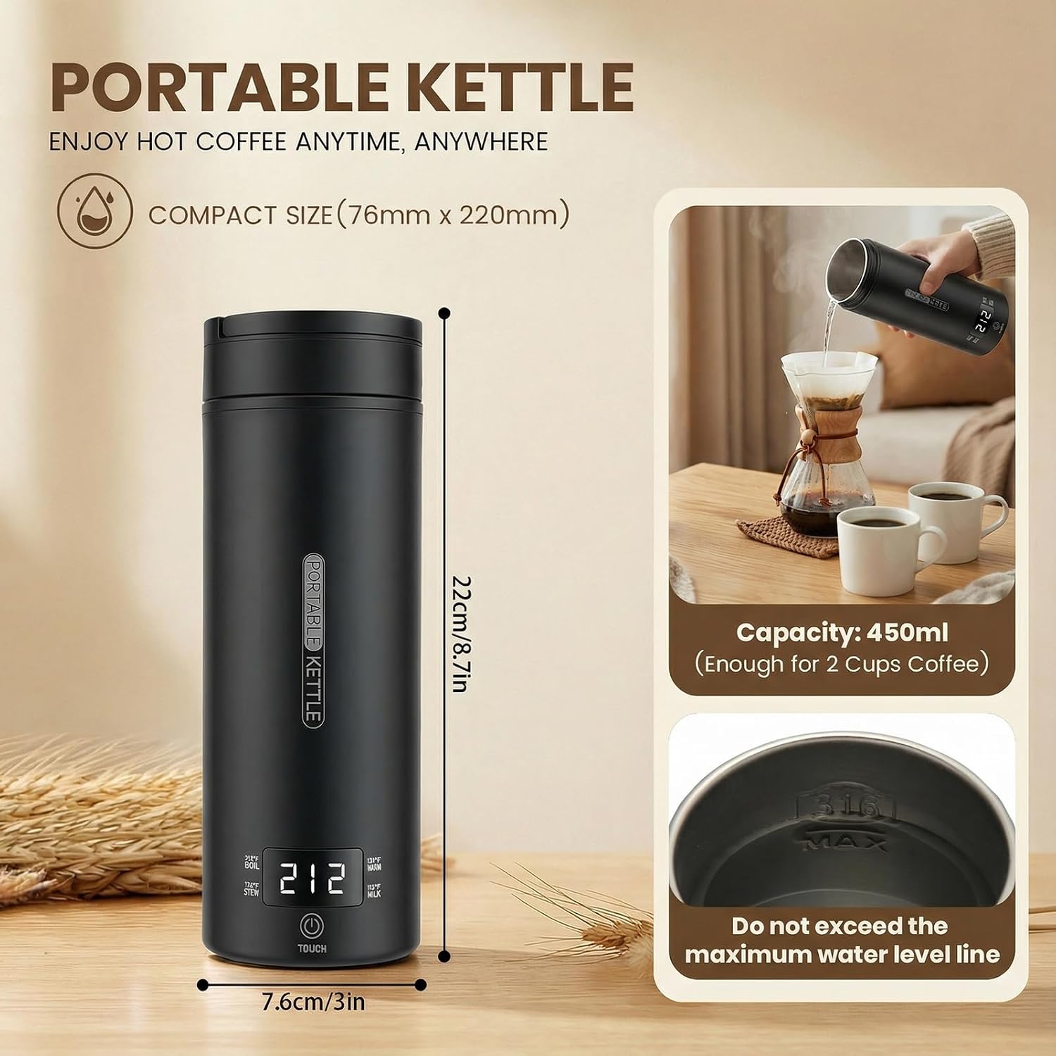 Portable Electric Kettle （120V）, Travel Tea Kettle, 316 Stainless Steel Premium Liner, 4-Speed Temperature Adjustment With Auto Shut-Off And Boil-Off Protection Black