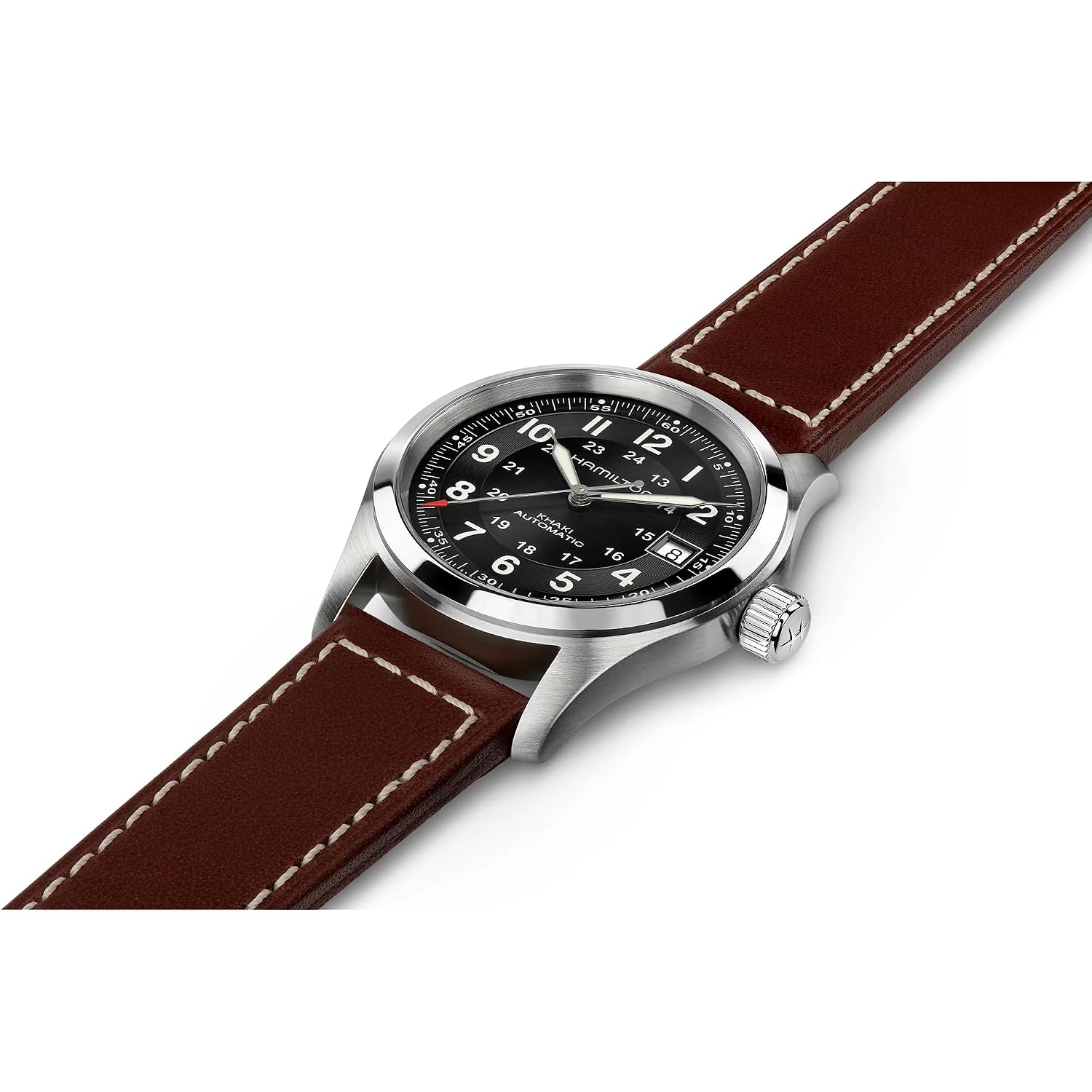 Hamilton Khaki Field Automatic Men'S Watch, 38Mm Stainless Steel Case, Swiss Made, Black Dial Analog Wrist Watch For Men, 100M Waterproof, Sapphire Crystal, 3-Hand Movement, Cow Leather Strap
