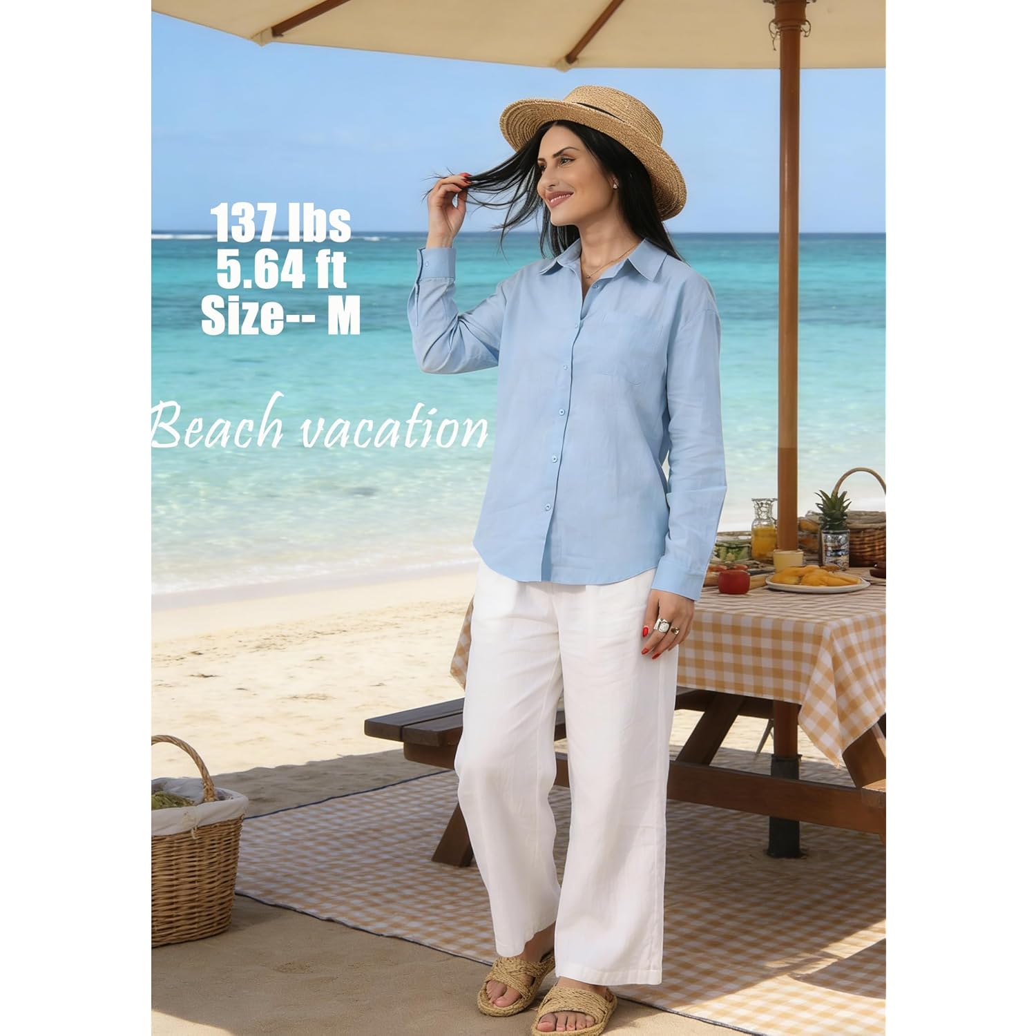 Womens Button Down Shirts Linen Cotton Long Sleeve Blouses Casual Collared Loose Fit Gauze Tops with Pocket