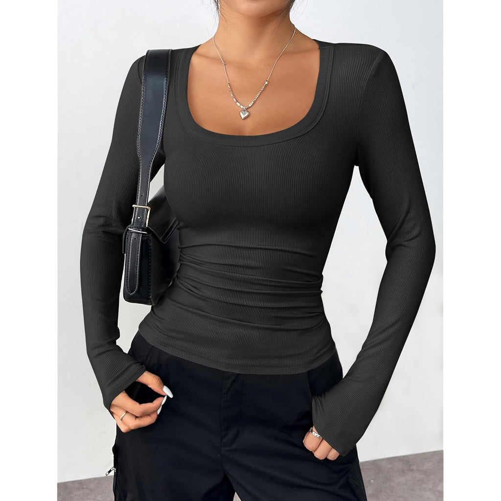 Zeagoo Women's Long Sleeve Scoop Neck Shirts Casual Slim Fit Rib Knit Tops Summer Fall Basic Business Work Tee