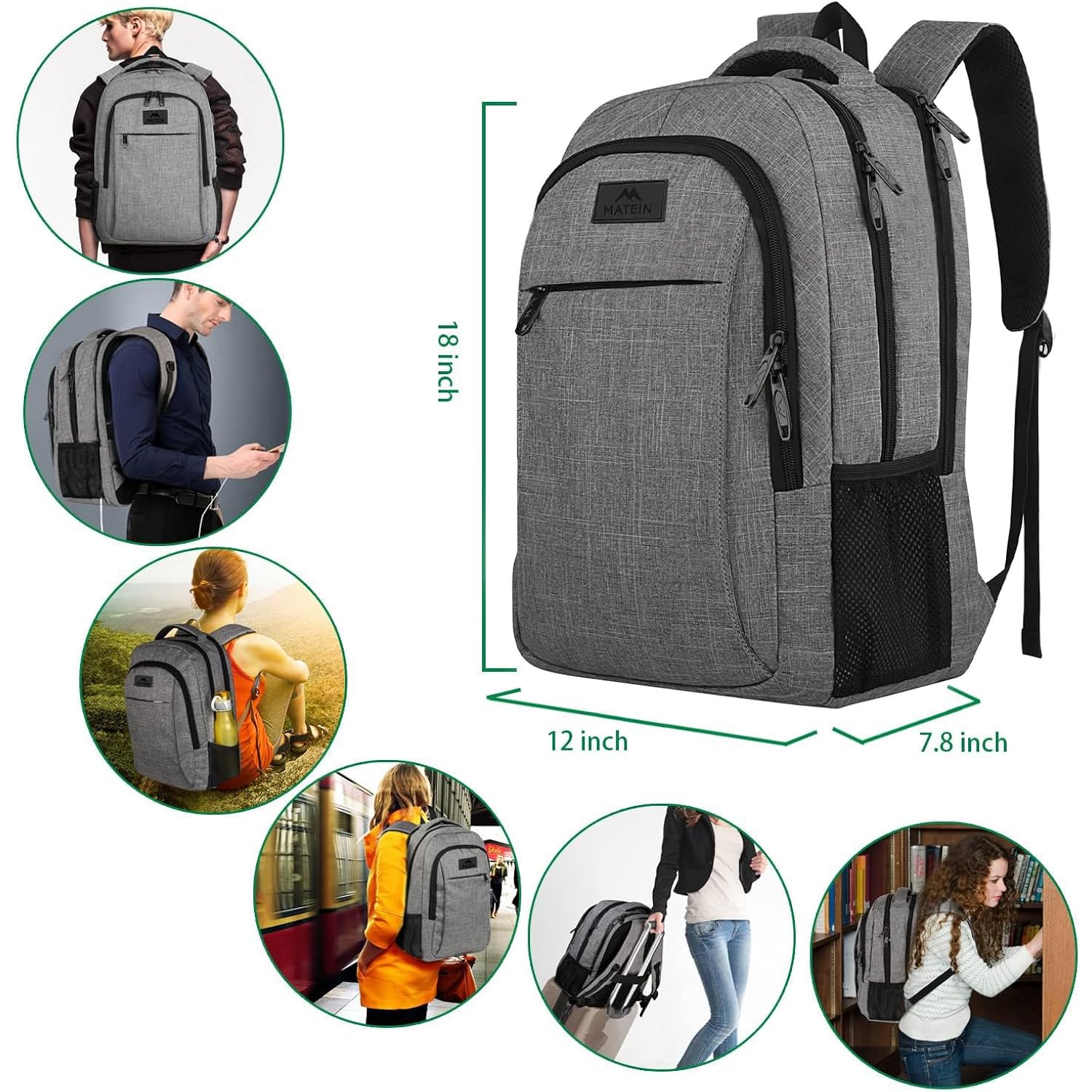 Matein Travel Laptop Backpack, 15.6 Inch College School Computer Bag, Grey | Slim Sturdy Business Daypack, Anti Theft Bookbag, Water Resistant, Gift For Men & Women, Personal Item Bag, Mochilas