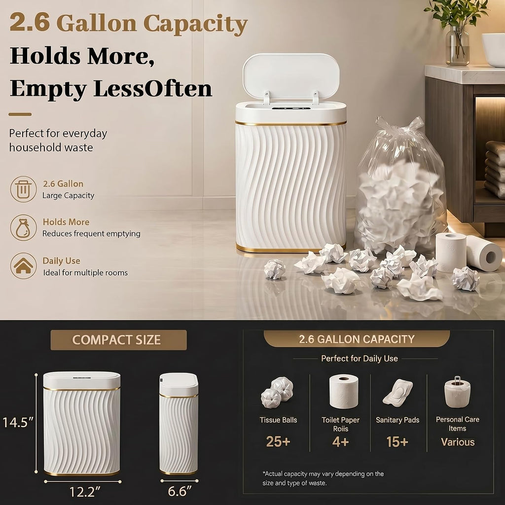 2.6 Gallon Automatic Bathroom Trash Can With Touchless Lid, White Gold | Motion Sensor Trash Can With Slim Waterproof Body; Small Plastic Garbage Can, Hands-Free Lid For Bedroom, Office, And Kitchen