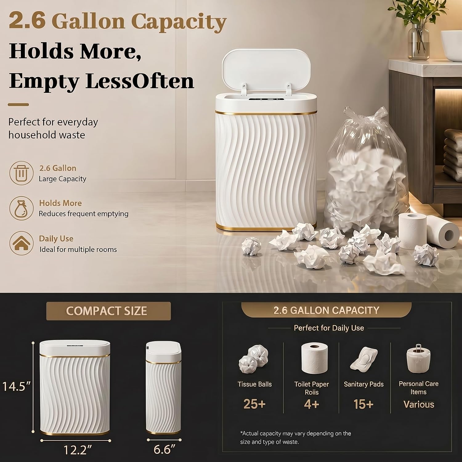 2.6 Gallon Automatic Bathroom Trash Can With Touchless Lid, White Gold | Motion Sensor Trash Can With Slim Waterproof Body; Small Plastic Garbage Can, Hands-Free Lid For Bedroom, Office, And Kitchen