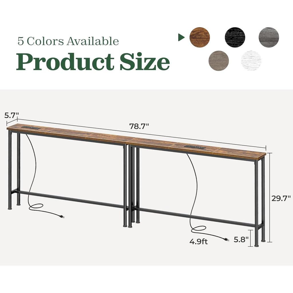 SUPERJARE 78.8 inch Narrow Console Table with Outlet, Sofa Tables, Behind Couch Table, Long Entryway Tables with Charging Station, for Living Room, Rustic Brown