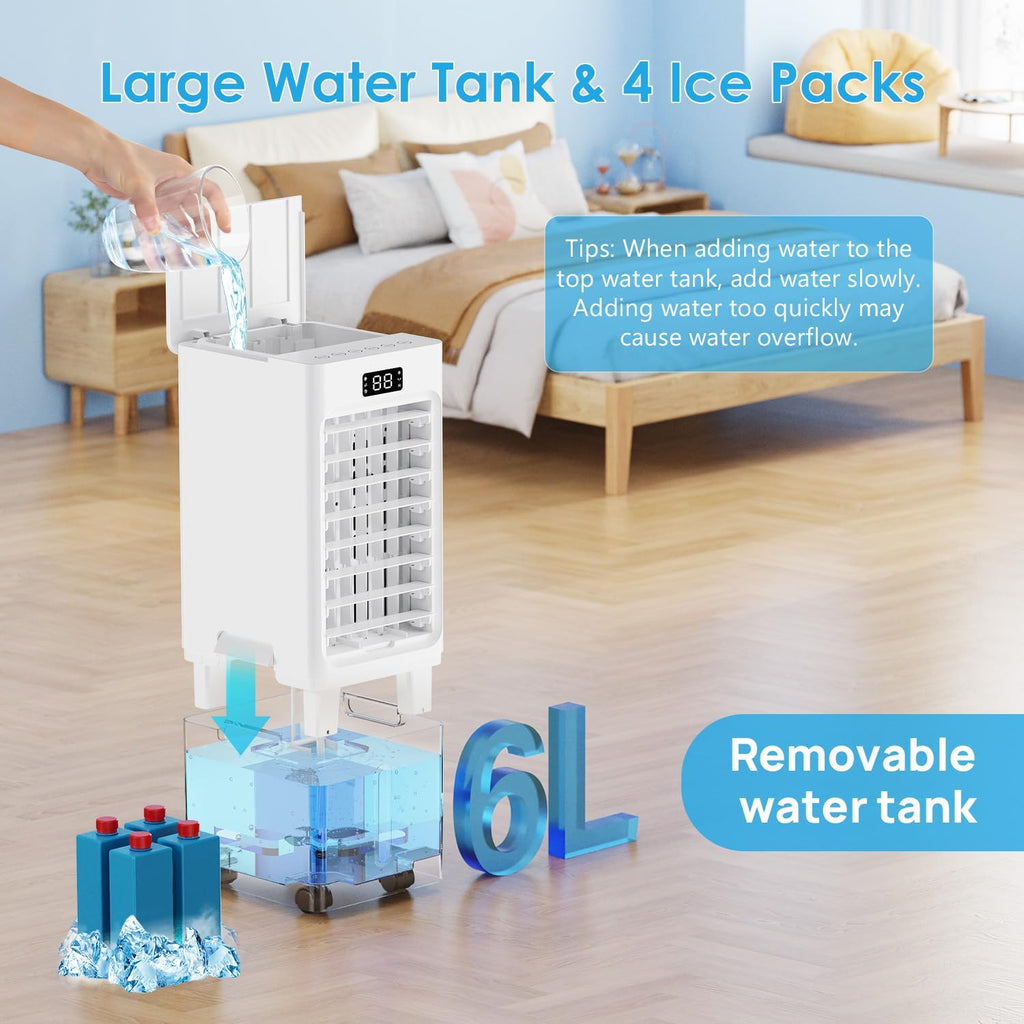 Swamp Cooler, 6L Windowless Portable Air Conditioners, 3-In-1 Evaporative Air Cooler With Remote, 4 Modes & 3 Speeds, 4 Ice Packs, Auto Oscillating, 12H Timer, Quiet Cooling Fan