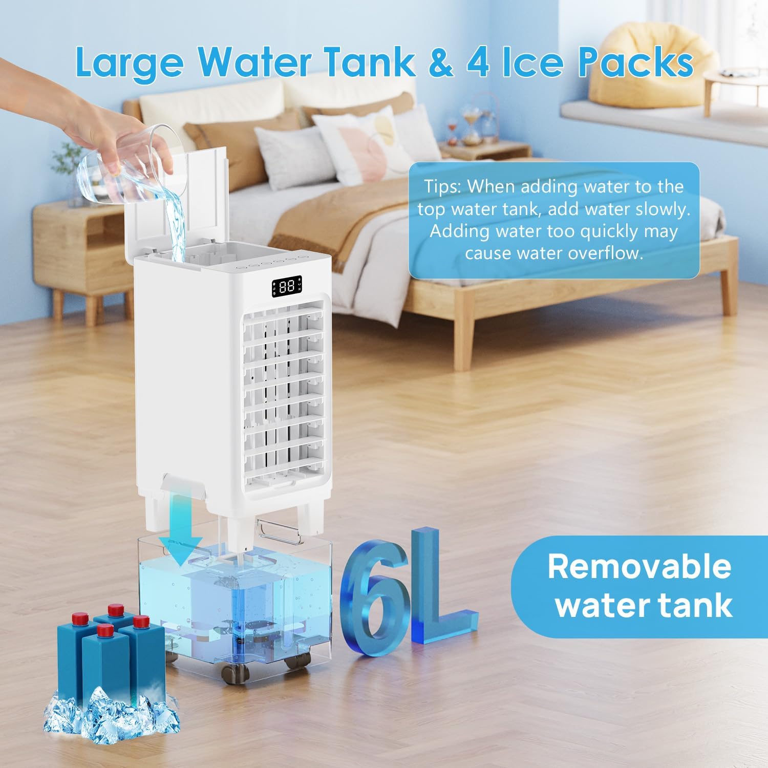 Swamp Cooler, 6L Windowless Portable Air Conditioners, 3-In-1 Evaporative Air Cooler With Remote, 4 Modes & 3 Speeds, 4 Ice Packs, Auto Oscillating, 12H Timer, Quiet Cooling Fan