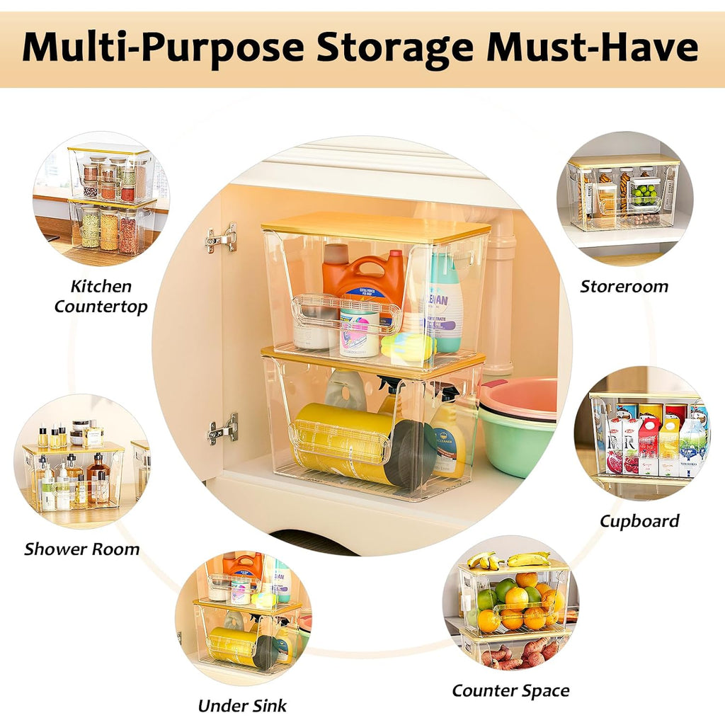 Delamu 2 Set Pantry Organizers And Storage, Trash Bag Holder Under Sink Organizer For 4-13 Gal Bags, Trash Bag Dispenser With Bamboo Top For Onion, Potato, Garlic, Clear (11-7/32"L*7" W*7-1/8"H)