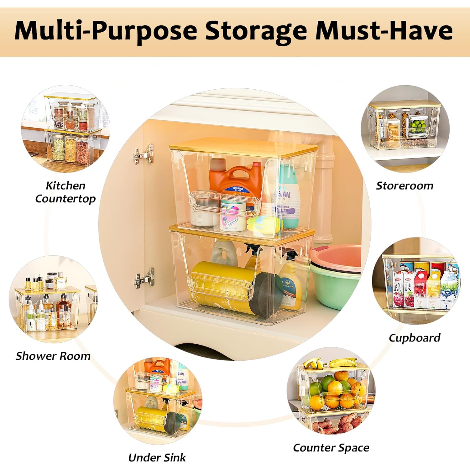 Delamu 2 Set Pantry Organizers And Storage, Trash Bag Holder Under Sink Organizer For 4-13 Gal Bags, Trash Bag Dispenser With Bamboo Top For Onion, Potato, Garlic, Clear (11-7/32"L*7" W*7-1/8"H)