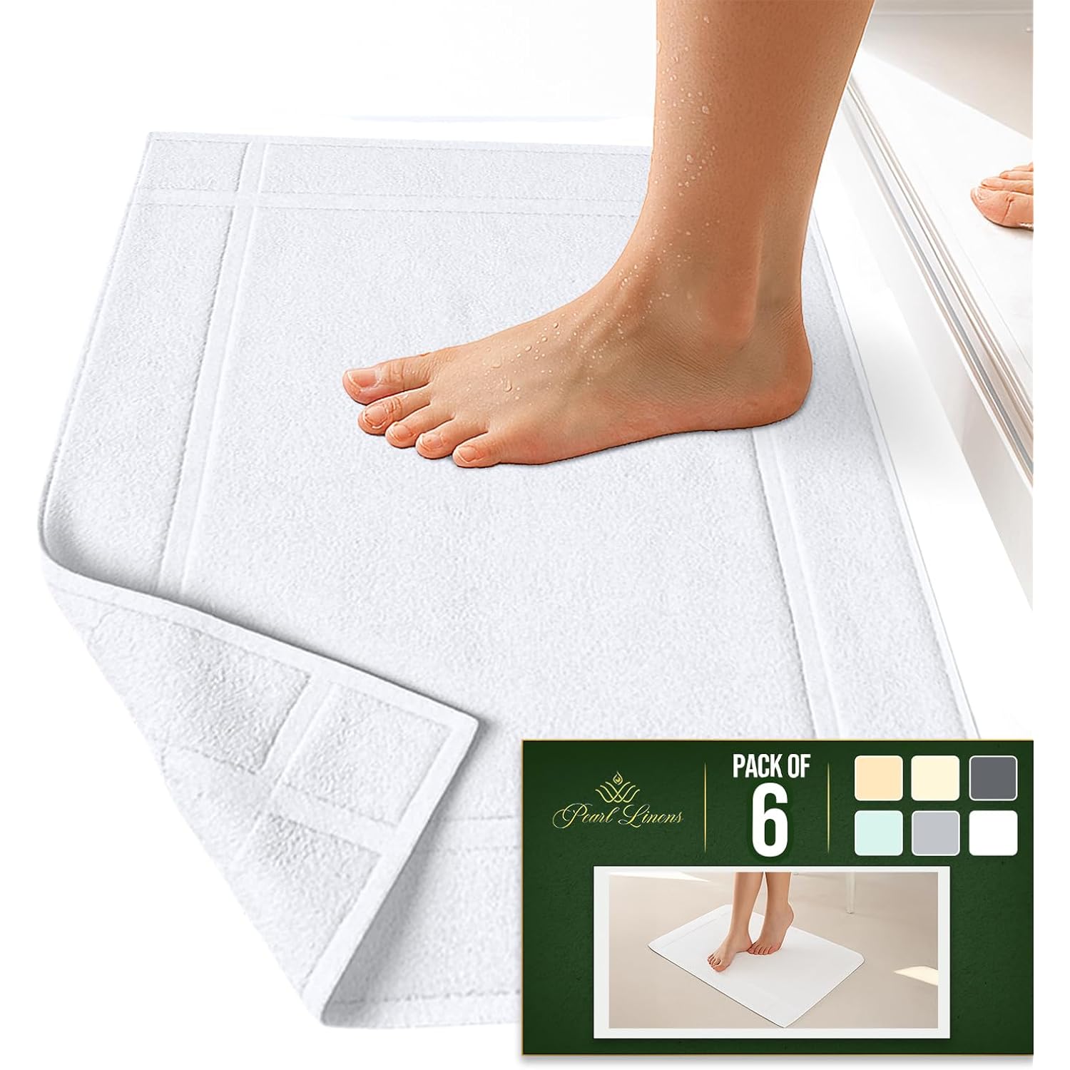 Pearl Linens Pack of 6 100% Cotton Bath Mat Towels, 20x30 inches, Soft & Absorbent Floor Towels for Bathroom, Not Bathroom Rugs, After Shower Mat, 687 GSM, Machine Washable, Airbnb Essentials, White