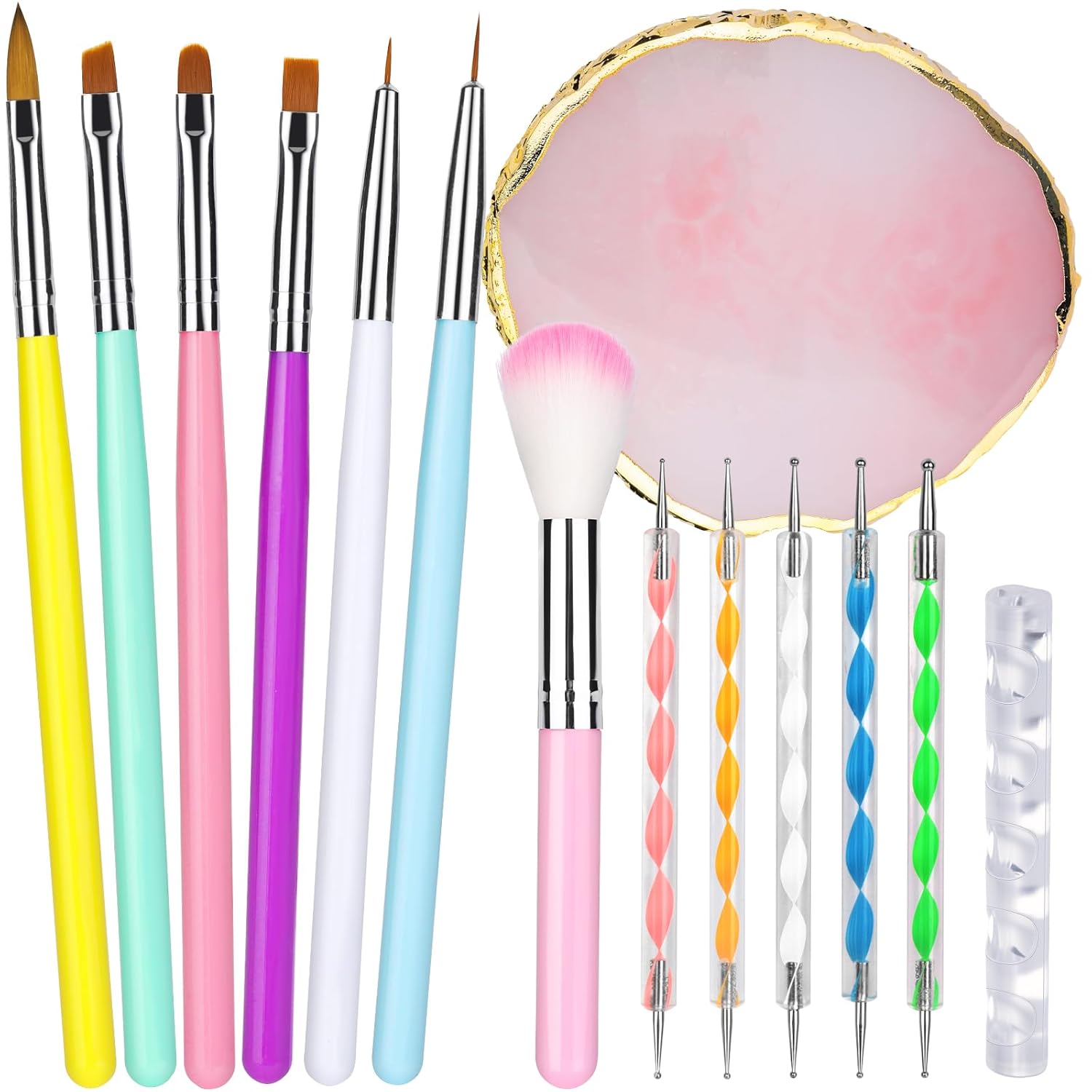 FANDAMEI Nail Tools Kit, 6PCS Nail Brushes for Nail Art, 1PCS Resin Nail Polish Palette, 1PCS Nail Clean Up Brushes, 5PCS Dotting Pen Nail Design Tools, Nail Polish Mixing Palette Nail Art Tools