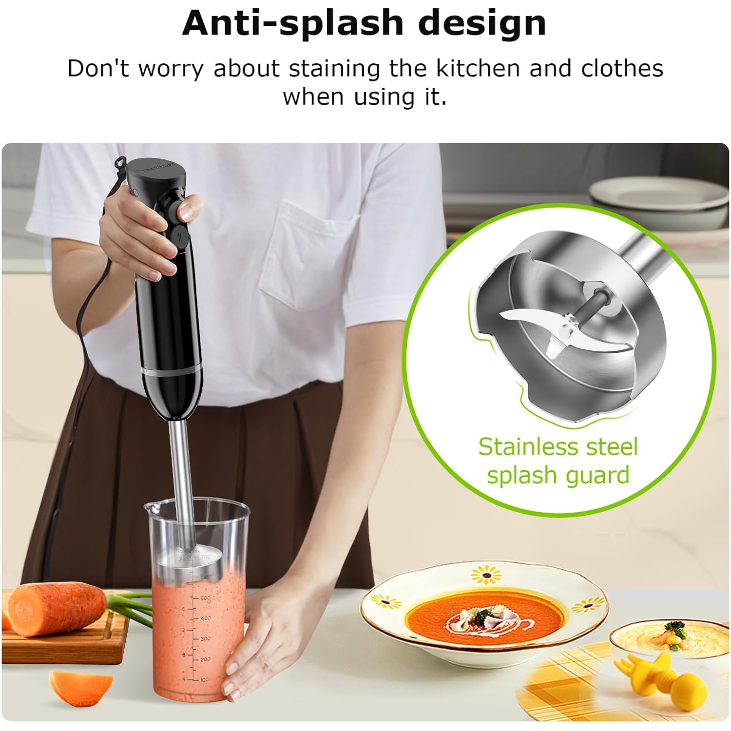 Bonsenkitchen Hand Blender, Immersion Blender with 2 Mixing Speed, Electric Handheld Mixer Portable Stick Mixer with Stainless Steel Blades for Soup, Smoothie, Puree, Baby Food