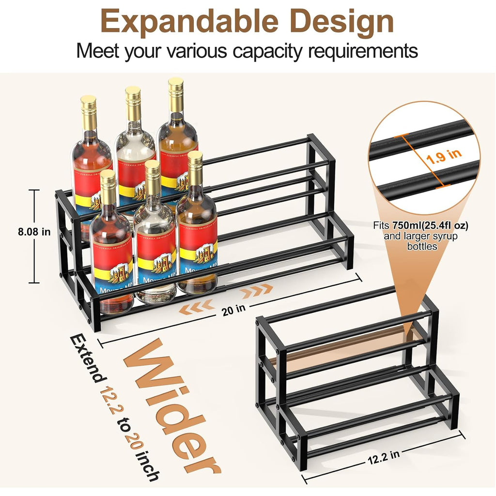 Expandable Coffee Syrup Organizer, Enlarged 6-12 Bottles Syrup Stand | Width Adjustable Syrup Rack For Coffee Bar Accessories, Small Wine Rack, Space-Saving Storage Bottle Rack For Syrup, Wine