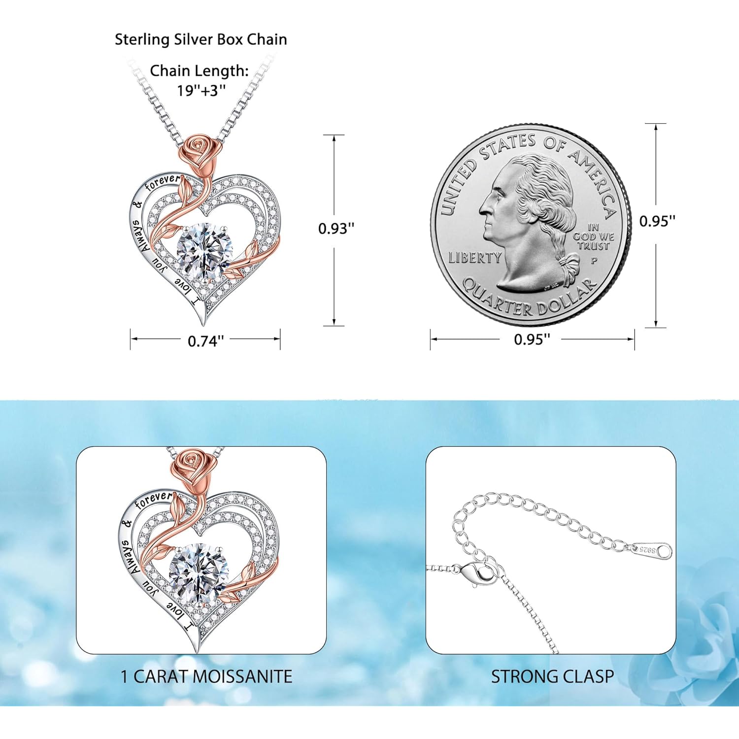 MOOSEA Mothers Day Gifts - 1-3 ct Moissanite Necklace for Women, 925 Sterling Silver Rose Heart Lab Created Moissanite Necklace, Anniversary Birthday Gifts for Women Mom Wife Girlfriend Grandma