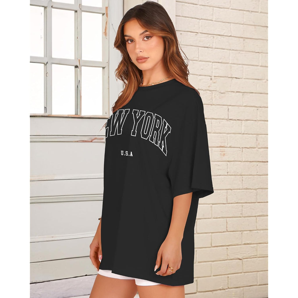 rosemia Oversized Tshirts for Women Summer Short Sleeve Round Neck Graphic Tee Shirt Black New York