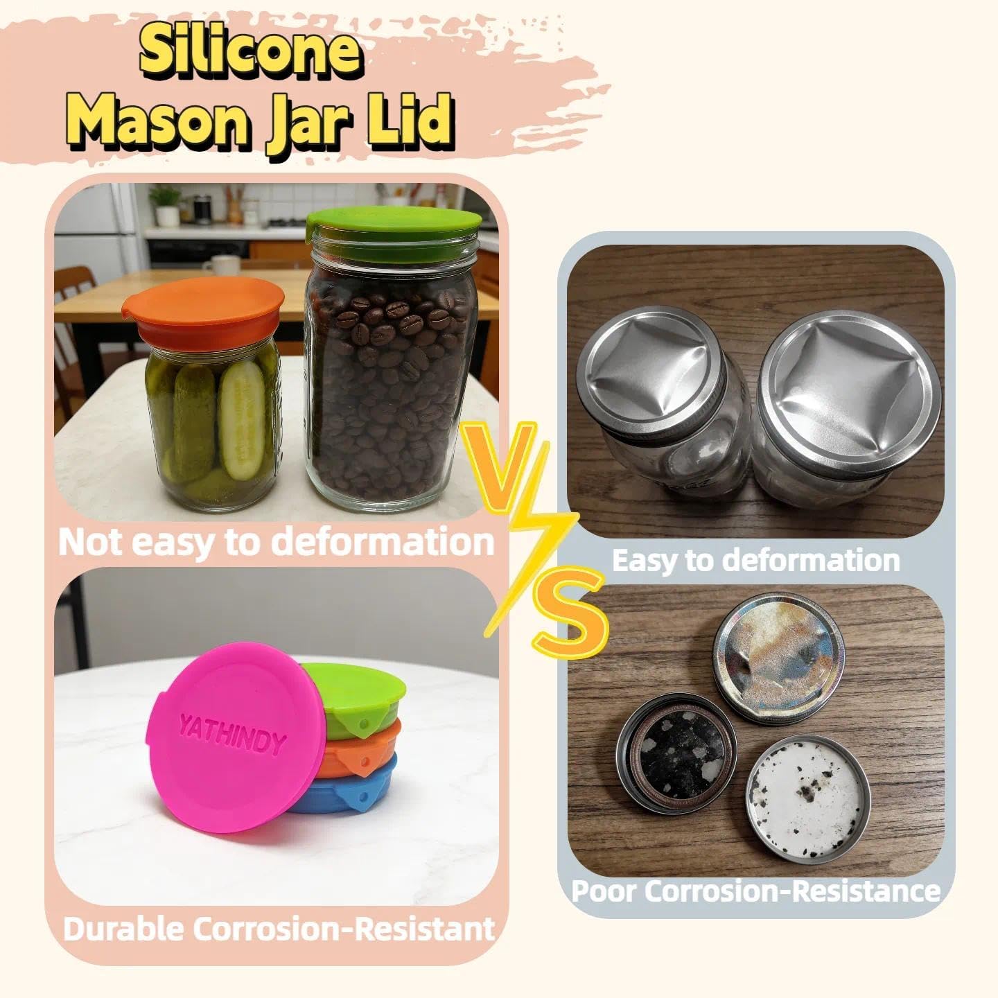 Original Creator-4 Pack Silicone Mason Jar Lids For Ball, Kerr And More,Fit Regular Mouth & Wide Mouth Storage Caps For Mason/Canning Jars,Leak-Proof,Dishwasher Safe(Single-Color)
