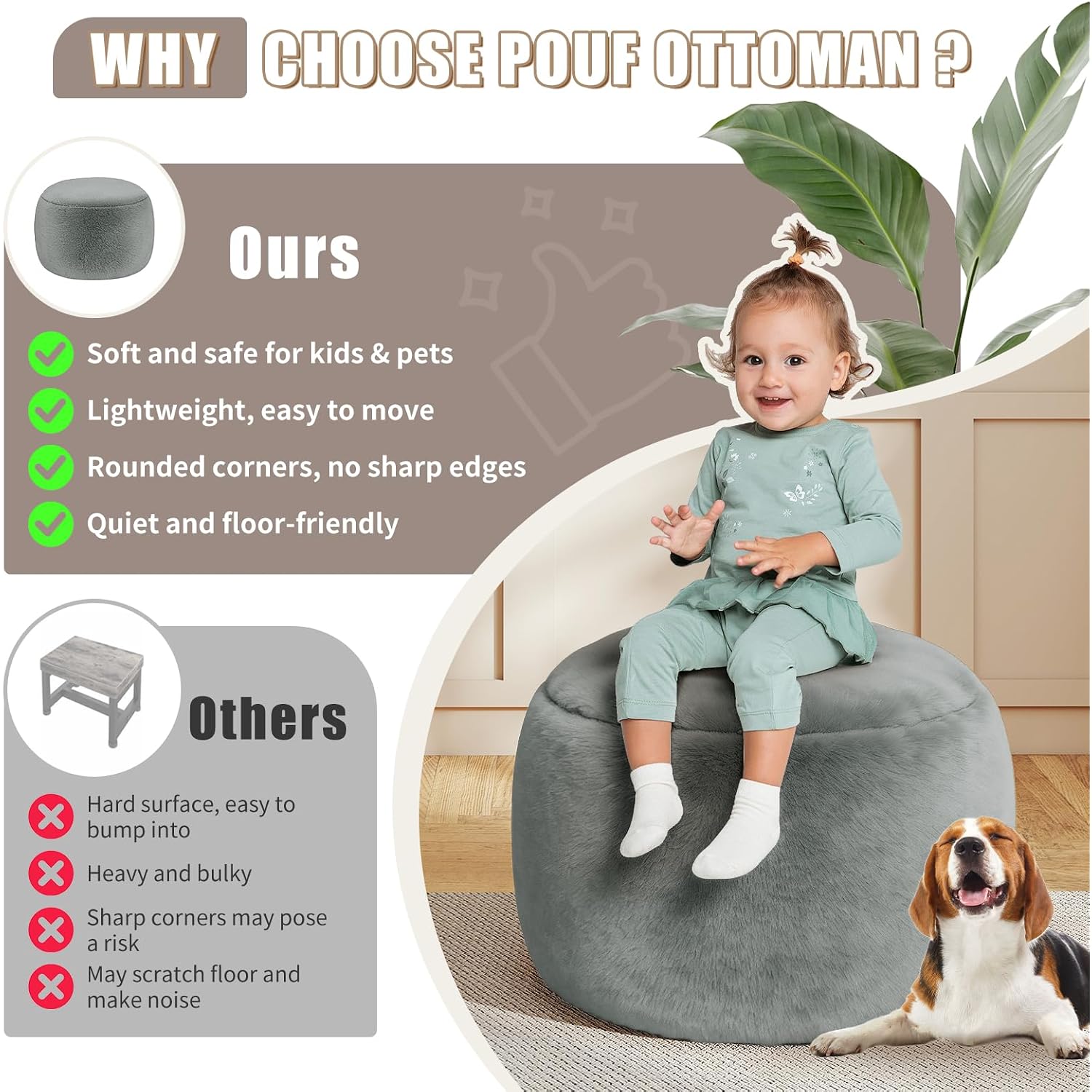 Round Stuffed Pouf Ottoman Foot Rest, Faux Fur Poufs With Memory Foam Filling, Ottomans For Living Room, Nursery, Dorm, Soft Foot Stool Ottoman For Couch, Perfect For Resting Your Feet (Grey, 20 Inch)