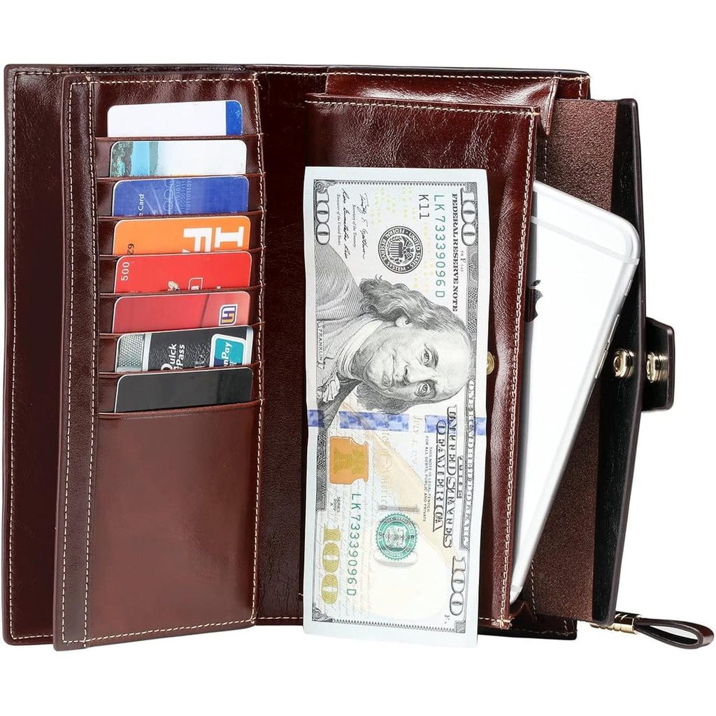 Itslife Womens Wallet RFID Blocking Large Capacity Luxury Wax Genuine Leather Wallets Clutch Wallet Ladies Card holder, Coffee