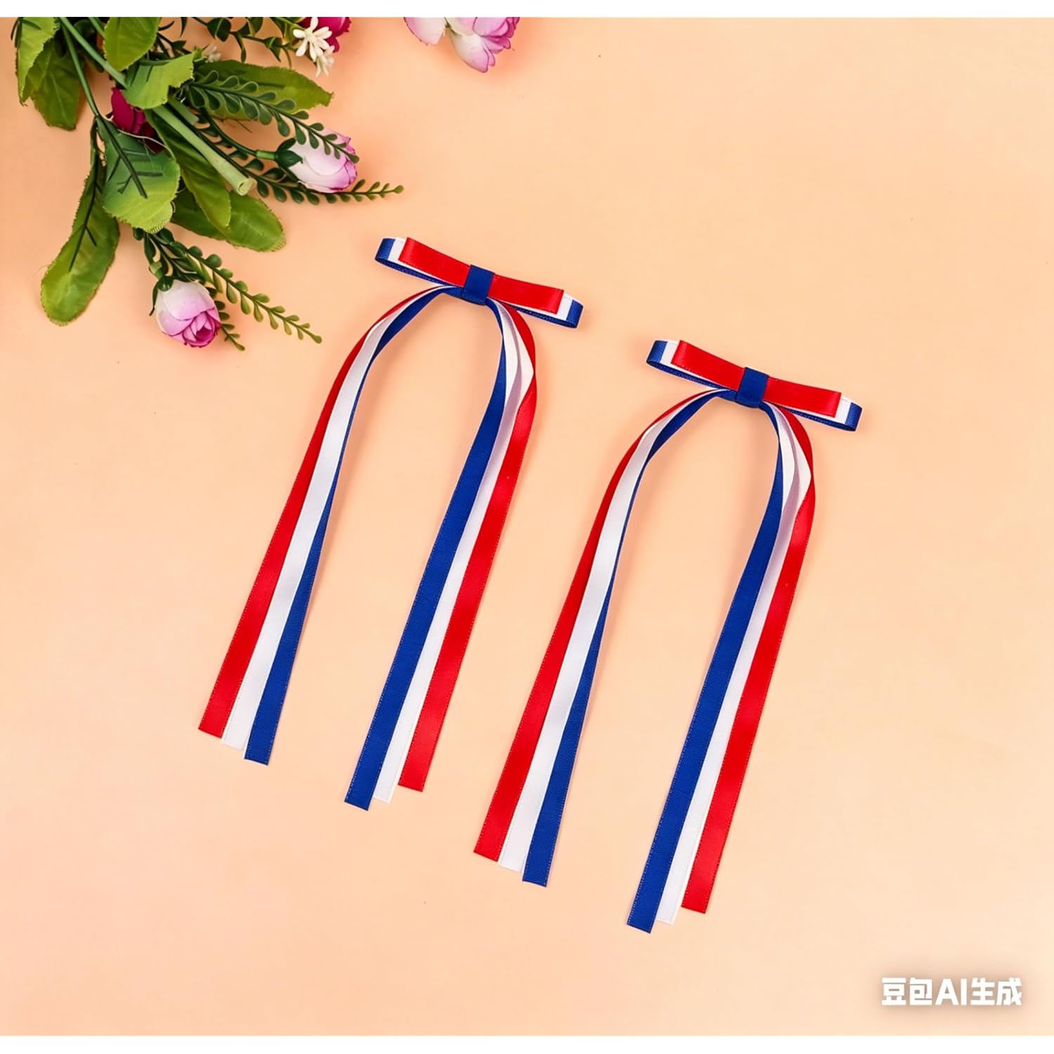 4th of July Hair Bow Clips, 2 Pack Red White Blue Long Tail Ribbon Hair Bows, Patriotic Hair Accessories for 250th America Independence Day, Parade & Fireworks Party Supplies