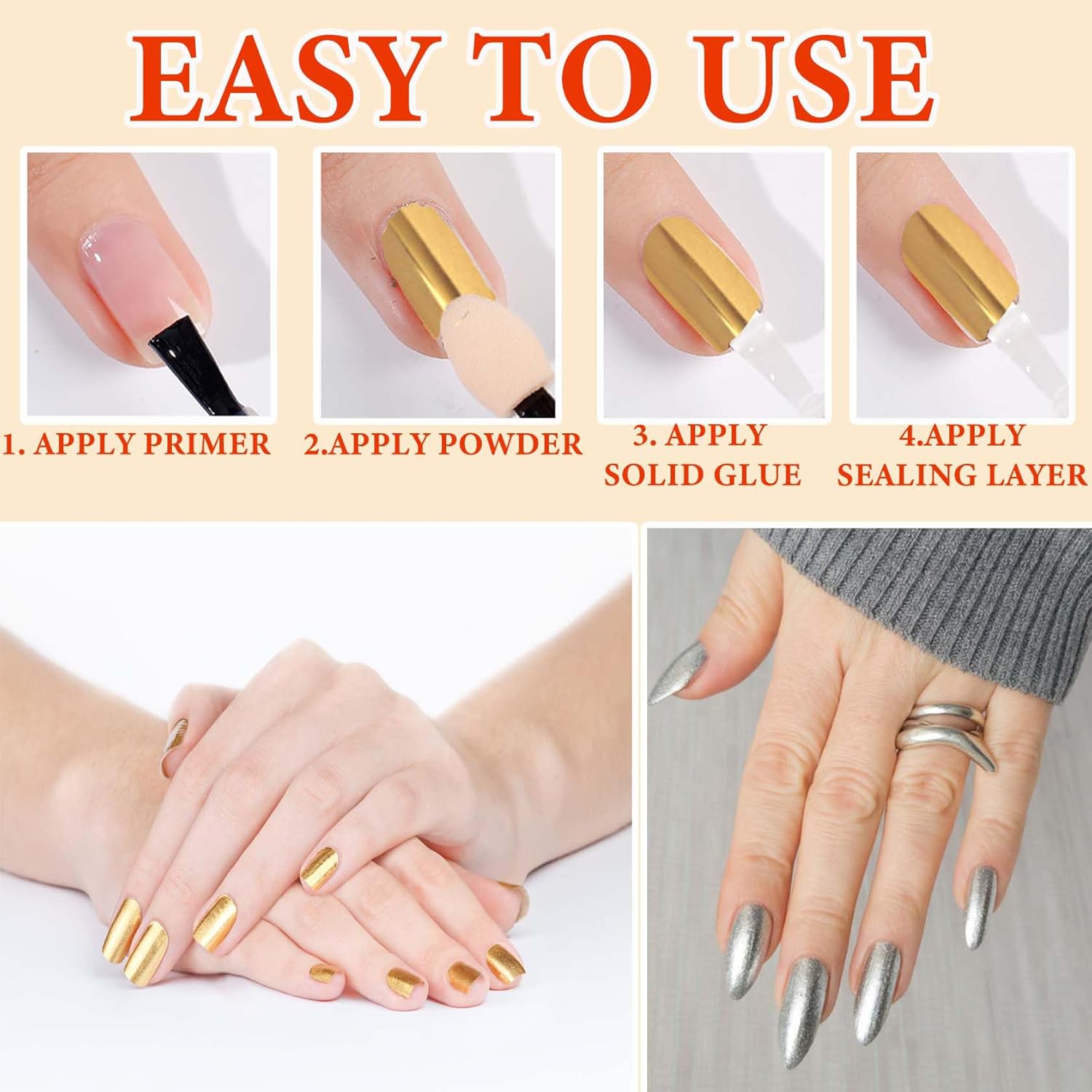 4PCS Gold Silver Chrome Nail Powder,Holographic Highly Pigmented Chrome Powder,Nail Powder Magic Art Mirror Titanium Alloy Chrome Powder Art Decoration Set