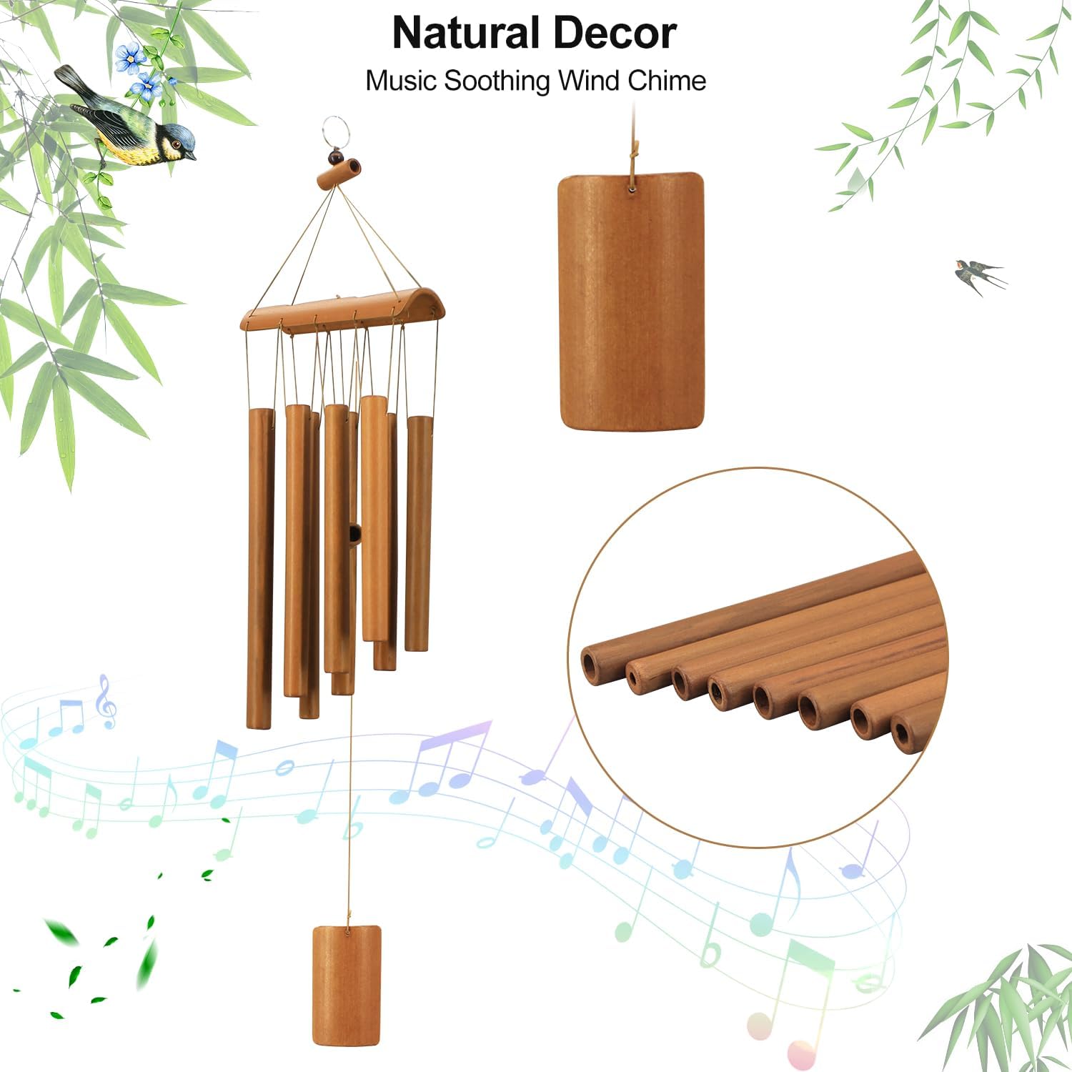 Bamboo Wind Chimes For Outside,Decorations For Patio Porch | Sympathy Wind Chimes Outdoors With Natural Sounds, Memorial Gifts For Mom, Indoor Outdoor Decor For Garden Home And Backyard