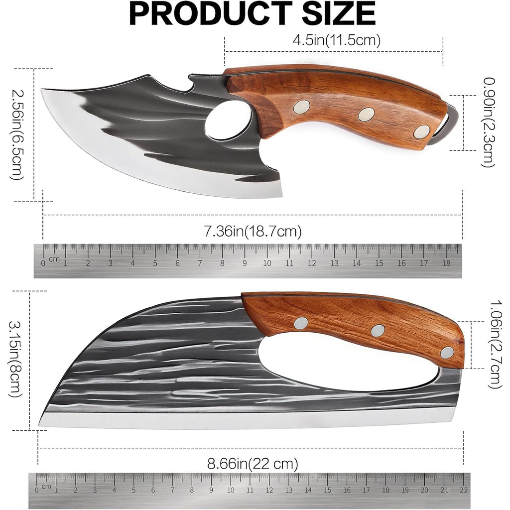 2 Pcs Meat Cleaver Knife Set, Effort Saving Meat Cleaver For Cutting Meat Vegetable, Sharp Carbon Steel Cooking Viking Knife With Leather Sheath For Kitchen, Camping, Outdoor Cooking, Bbq Gift