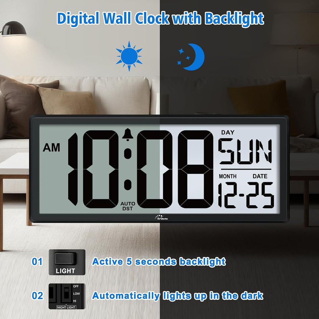 Backlight Digital Wall Clock Battery Operated - With Temperature And Date 14.5'' Large Digital Wall Clock, Easy To Read And Set, Auto Dst