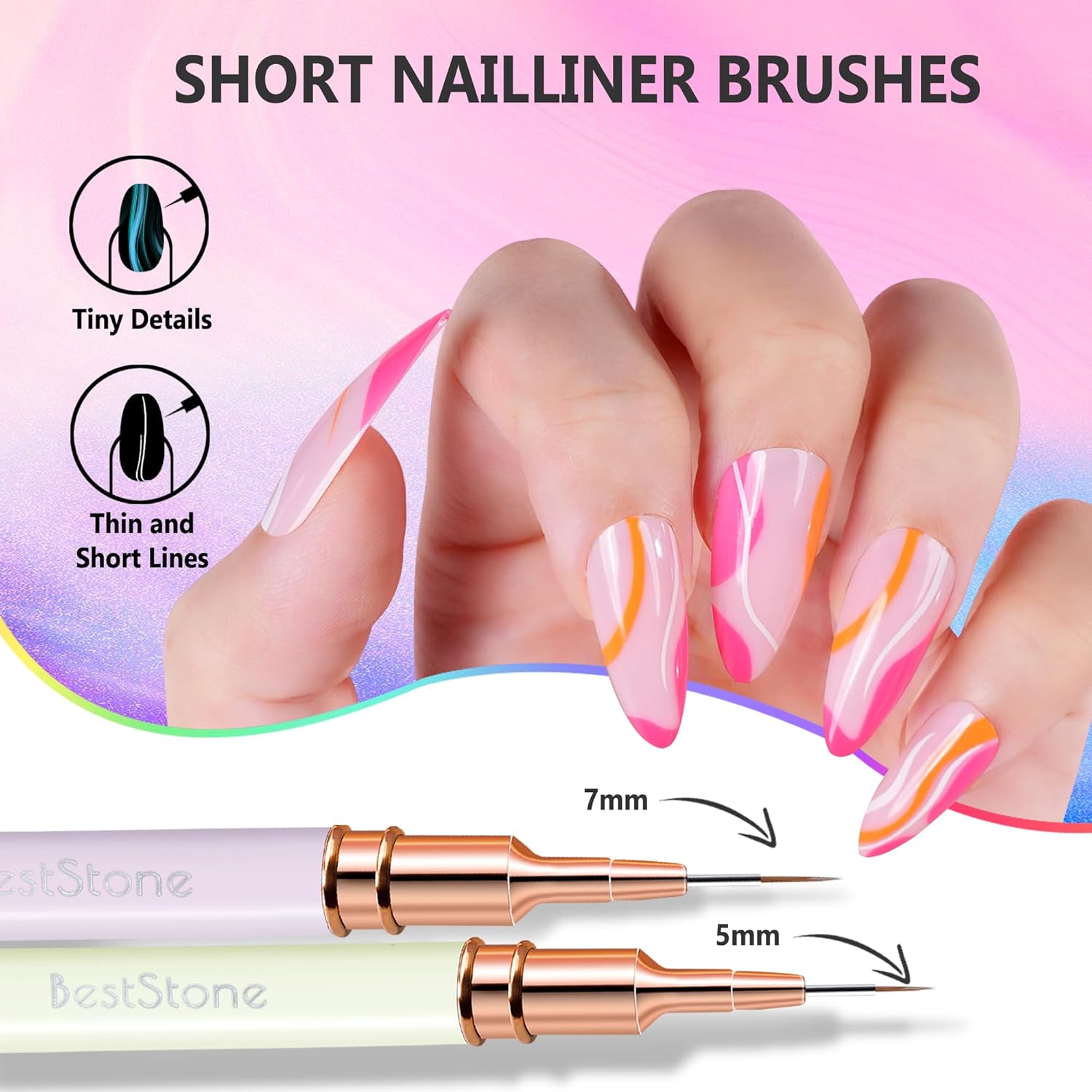 Nail Art Liner Brushes, 5Pcs Professional Gel Polish Painting Art Design Pen Set for Long Lines, Thin Details, Fine Drawing Sizes 5/7/9/11/20mm Nail Art Design Gift for Women(Multicolor)