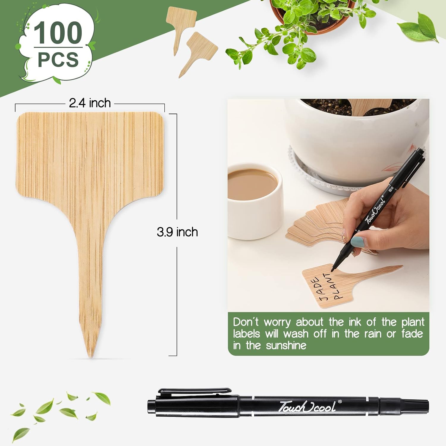 Vitever 100Pcs Plant Labels, T-Type Plastic Tags With Marker Pen, Waterproof Garden Signs For Outdoor Plants (3.9” X 2.4”)