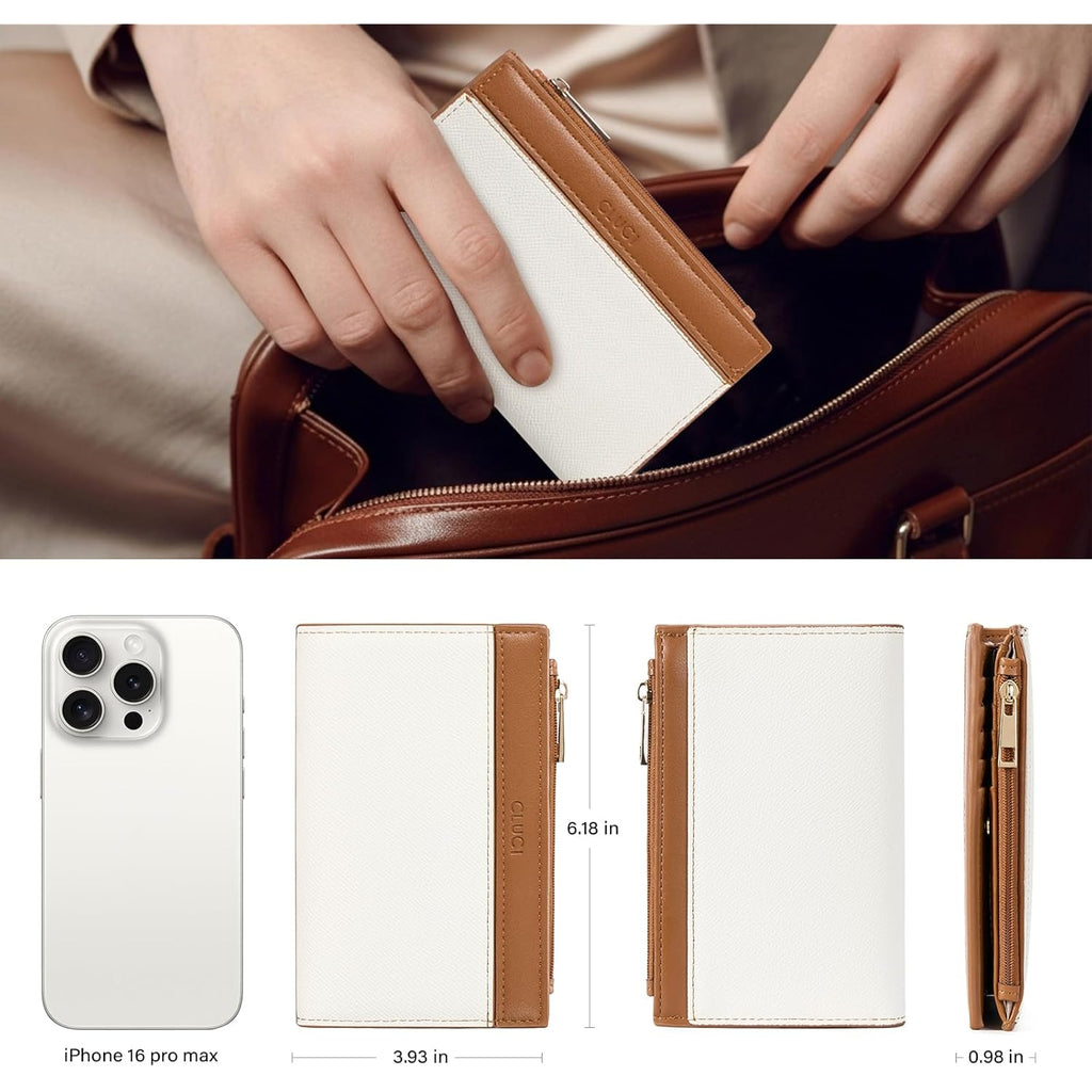 CLUCI RFID Wallet Women PU Leather Small Women Wallet Blocking Bifold Ladies Wallet Credit Card Holder Beige with Brown