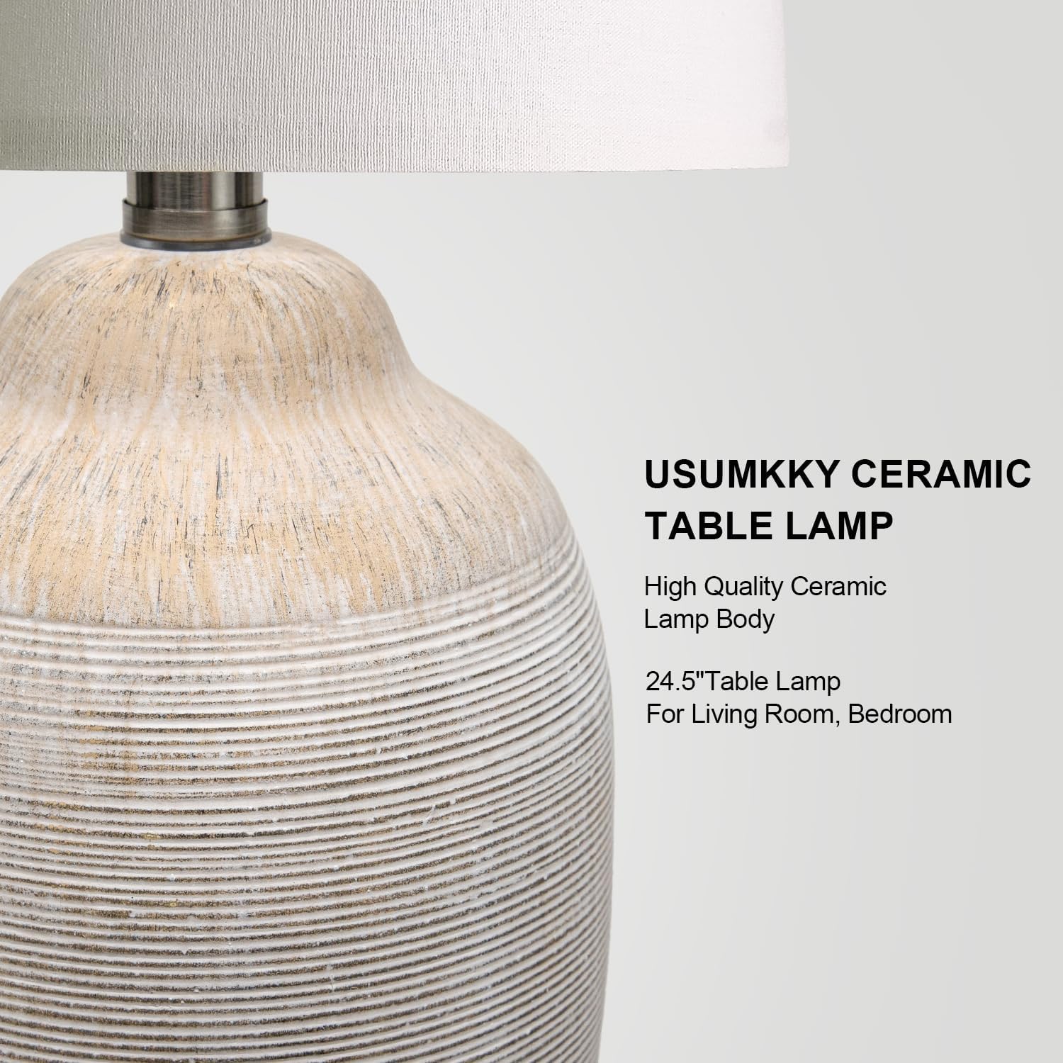 Usumkky 24 Inch Vintage Ceramic Table Lamp With 5Ft Cord - Single Farmhouse Rustic Bedside Lamp With Natural Textured Finish, Nightstand Lamps For Living Room, Bedroom, End Table Beige