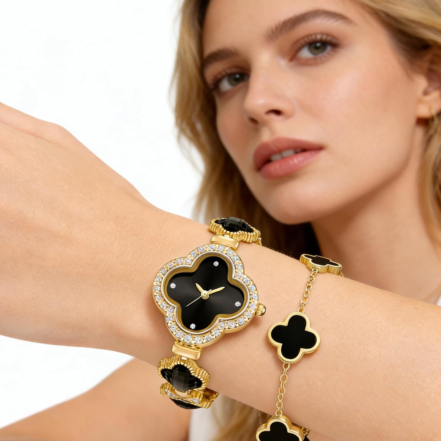 2 Pieces Women Gold Watch Bracelet Set Lucky Clover Bracelet Watch Jewelry Set 18K Gold Plated Wristwatch Flower Design Four Leaf Bracelets for Women