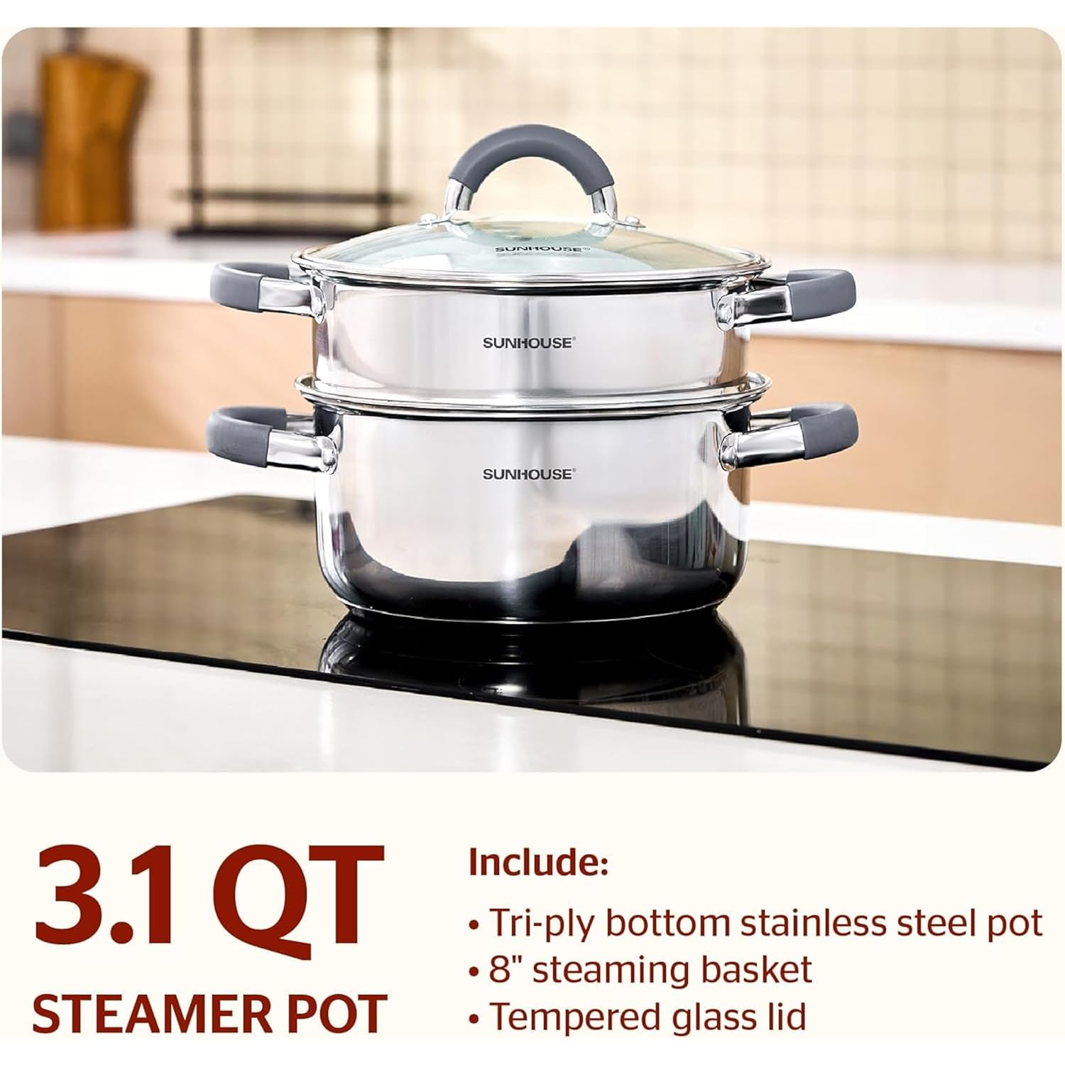 SUNHOUSE Stainless Steel Steamer Pot for Cooking - 3 QT Steaming Pot with Glass Lid & Steamer Basket - 2 Tier Tri-ply Vegetable Steamer with Stay-Cool Silicone Handles - Induction Compatible