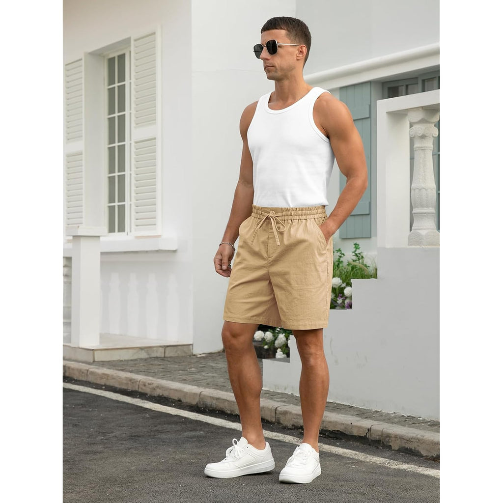 Rqp Mens Cotton Linen Shorts Casual Drawstring 7Inch Inseam Shorts Stretch Summer Beach Wear